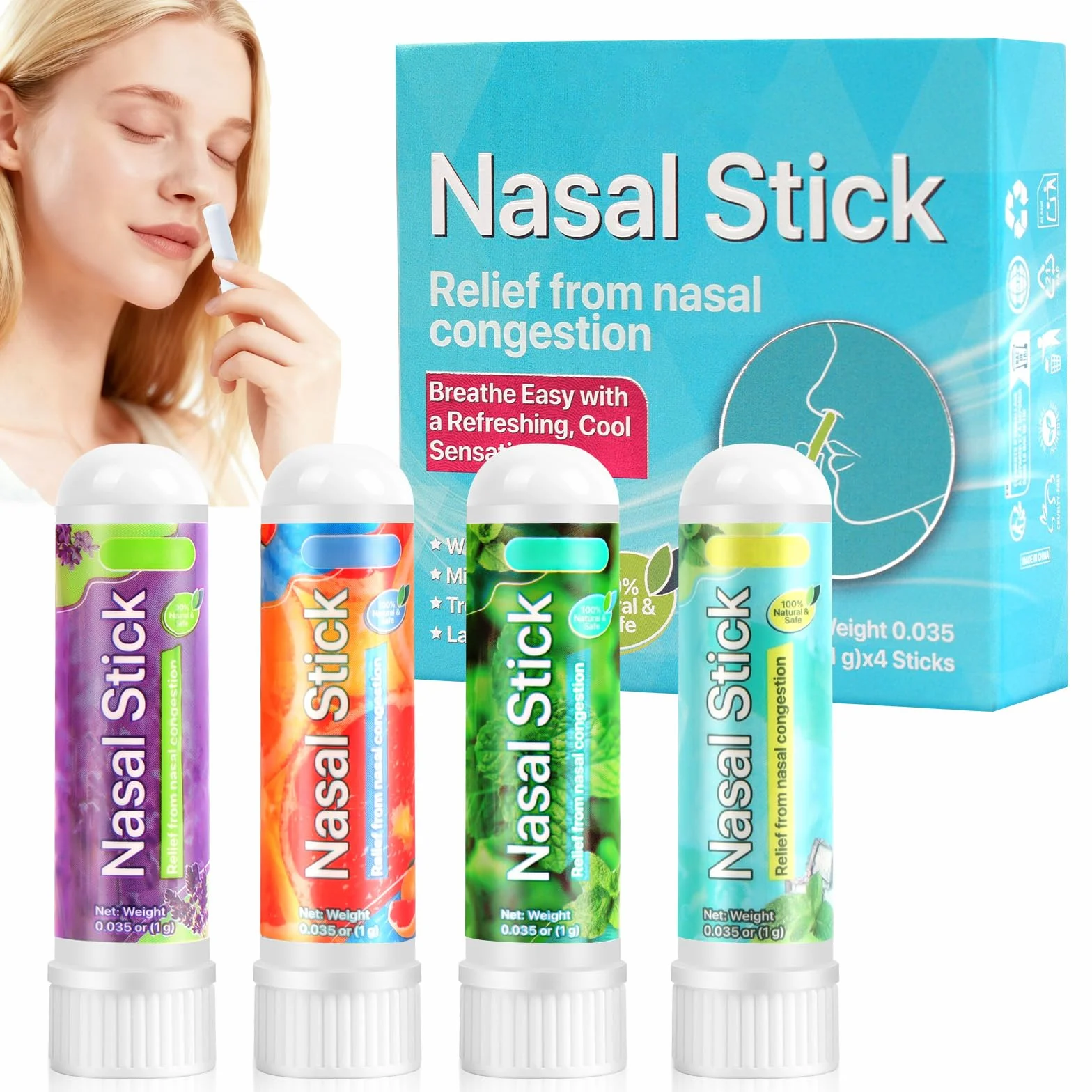 AUYAO Pałeczki zapachowe do nosa, 4 szt., miętowa aromaterapia, Energy Stick w sztyfcie, do szybkiej pomocy przy przeziębieniu, zatkaniu nosa, energii i koncentracji, do pracy, na studia, w podróży