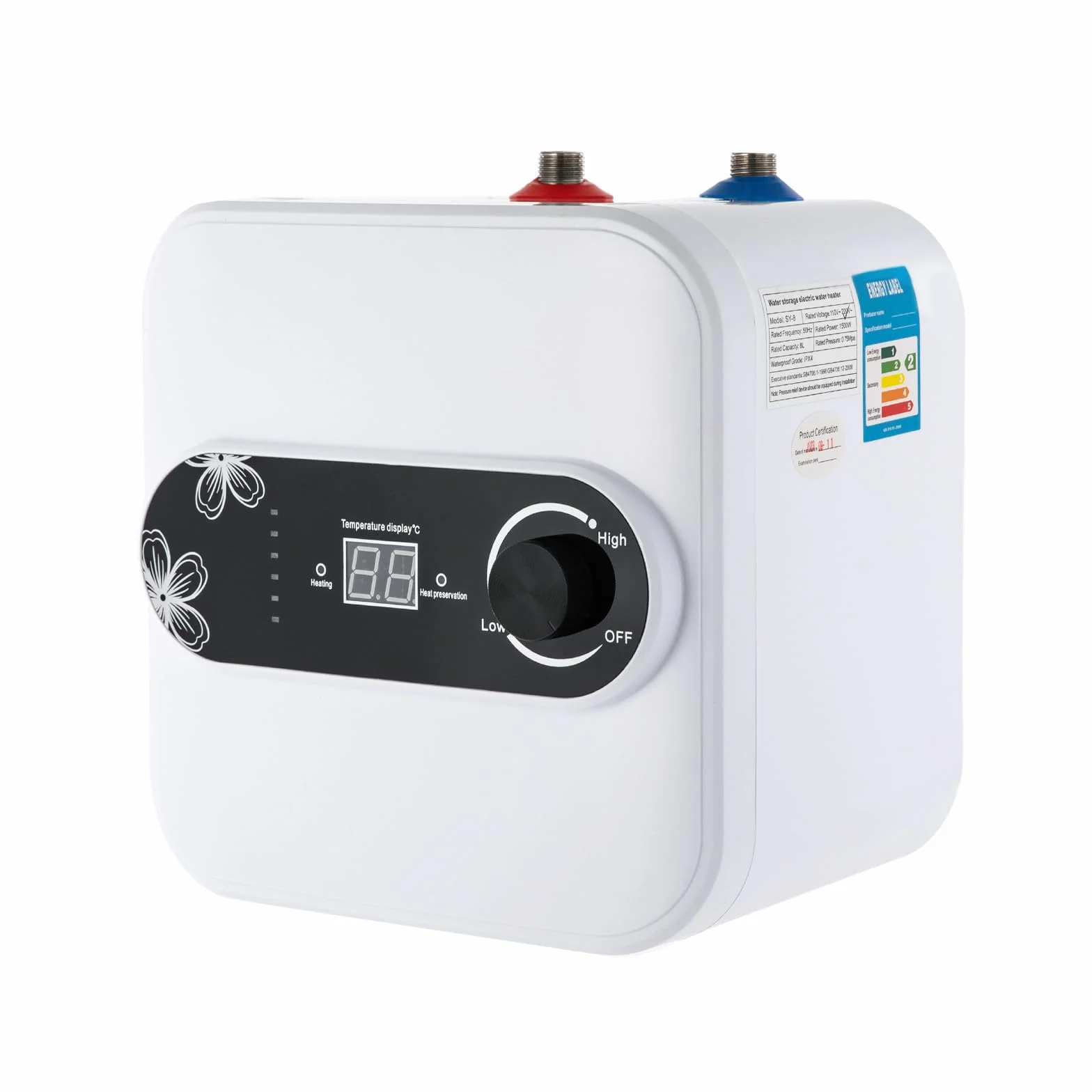 Podblatowy bojler 8 l, 1500 W, elektryczny podgrzewacz wody, mini podgrzewacz wody, podgrzewacz wody 30-65°C, natychmiastowy mały podgrzewacz wody do kuchni, łazienki