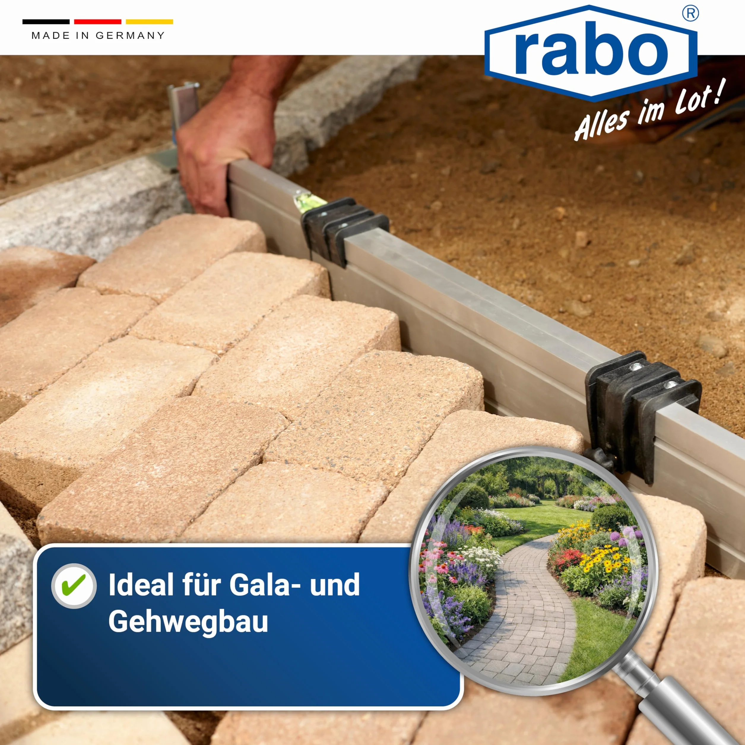RABO Łata poziomująca 0,80–1,40 m regulowana | do wyrównywania żwiru, kruszywa i piasku | z 2 ogranicznikami wysokości profil C (0–11 cm) | aluminium anodowane, jakość profesjonalna