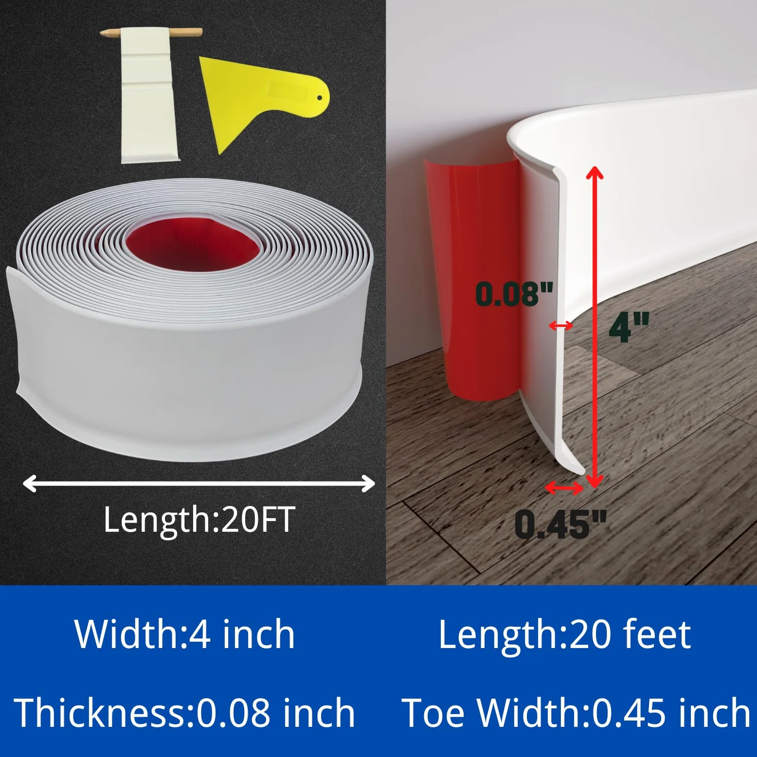 COUKIU Elastyczna listwa przypodłogowa, samoprzylepna winylowa podstawa ścienna, odklej i przyklej, gumowa podstawa do formowania ściany, 10 cm x 50 m, biała