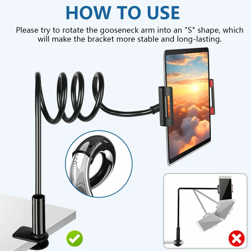 flintronic Uchwyt na tablet z gęsią szyją, regulowany elastyczny uchwyt na tablety uchwyt na stół, leniwy uchwyt na ramię, stojak na telefon kompatybilny z iPad Air Pro mini, iPhone, przełącznik