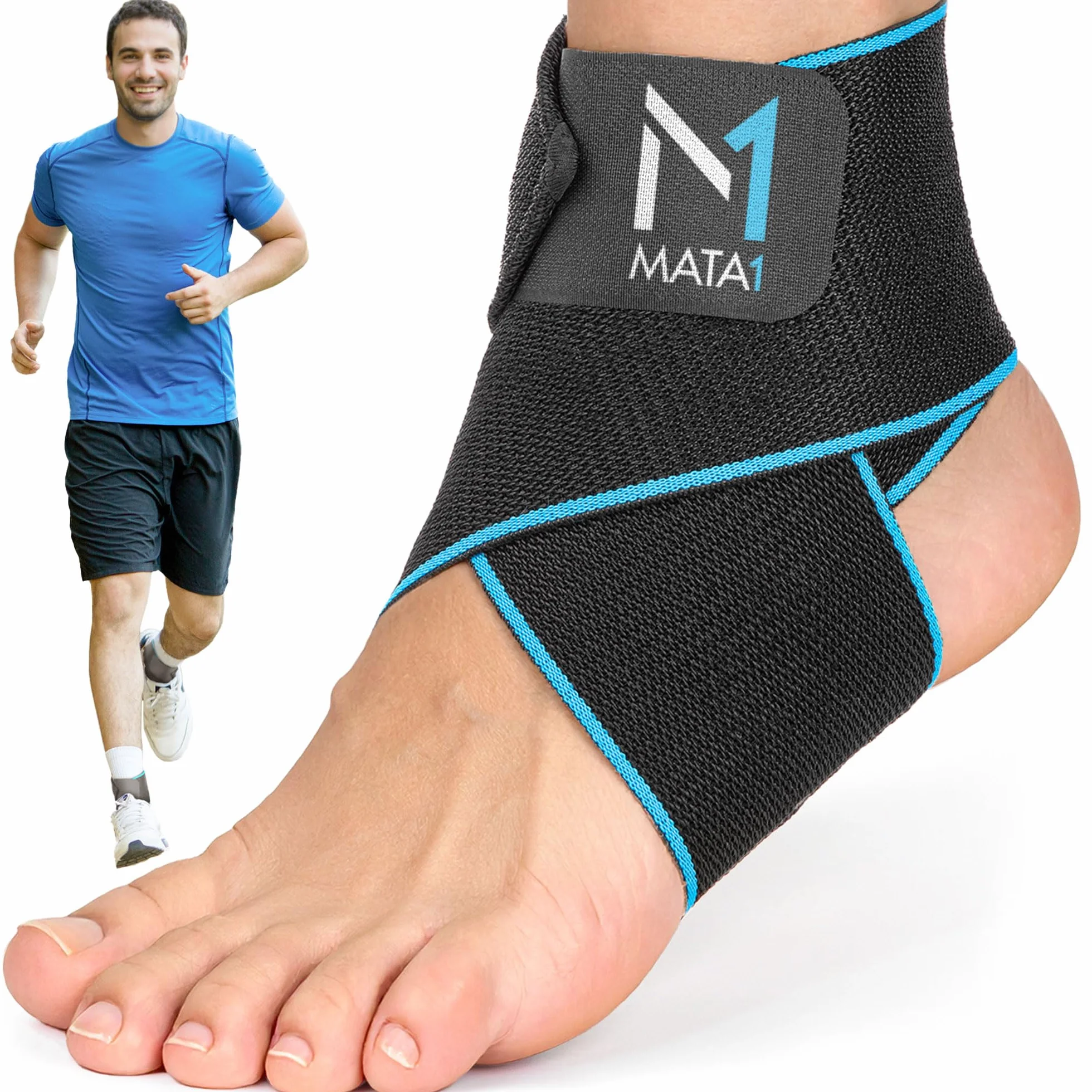 Ankle Brace for Men and Women - Black/Blue - Foot Wrap for Plantar Fasciitis, Sprain, Achilles and Tendonitis Support - Adjustable Compression Sleeve