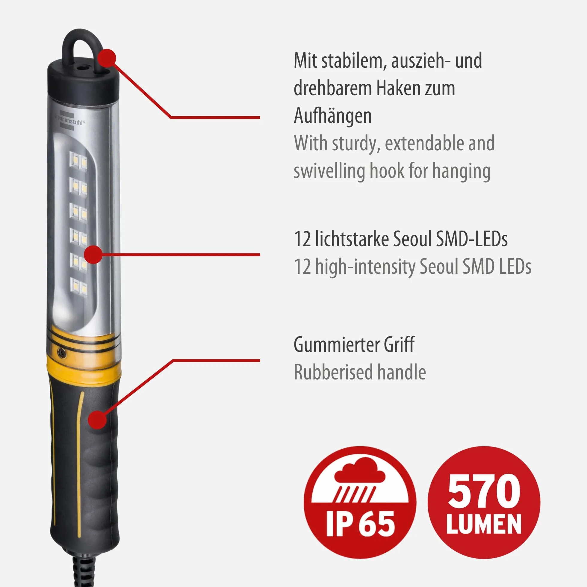 Brennenstuhl lampa warsztatowa WL 550 (570lm, IP65, 6500K, 12x SMD-LEDs, lampa warsztatowa LED z kablem 5m)