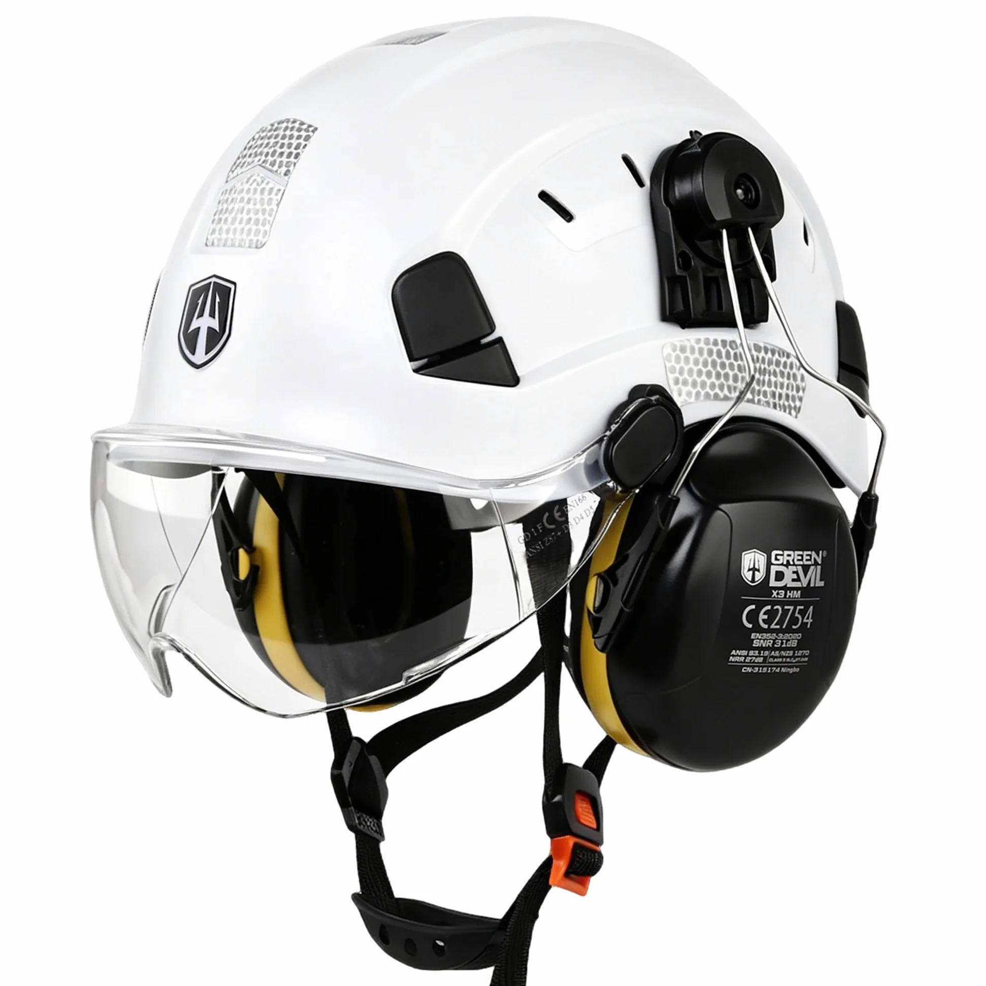 GREEN DEVIL Mervex Vent 3 w 1 kask ochronny zestaw EN 397, kask roboczy z wizjerem (przezroczysty/przyciemniany) i ochroną słuchu SNR 32 dB | kask przemysłowy ABS 53-63 cm na plac budowy, gospodarki