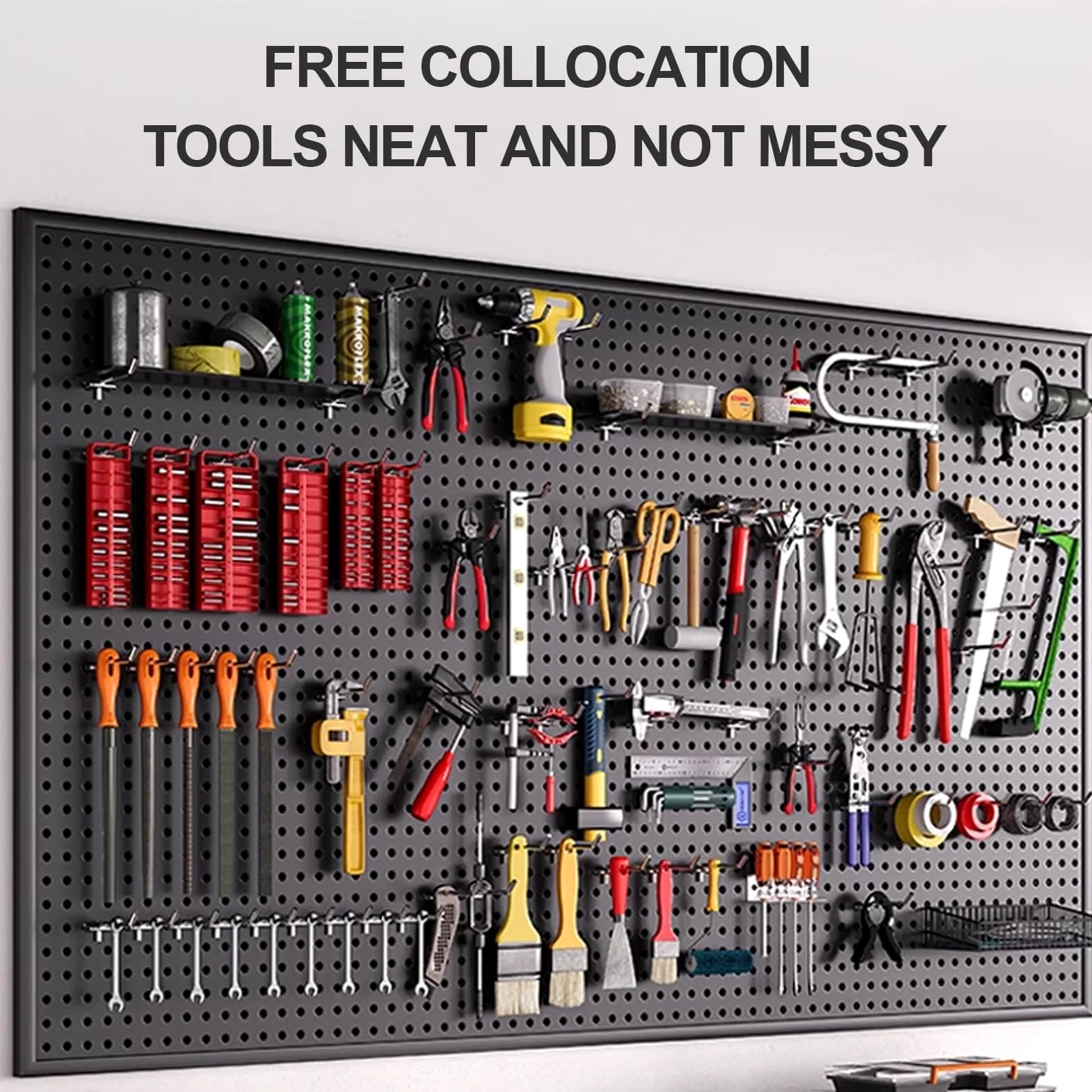 Tablica ścienna z narzędziami, czarna metalowa tablica wisząca na biurko biurkowe, pegboard i akcesoria, stojak do przechowywania na ścianie, odpowiedni do domu, biura, akademika, biurka do gier (100