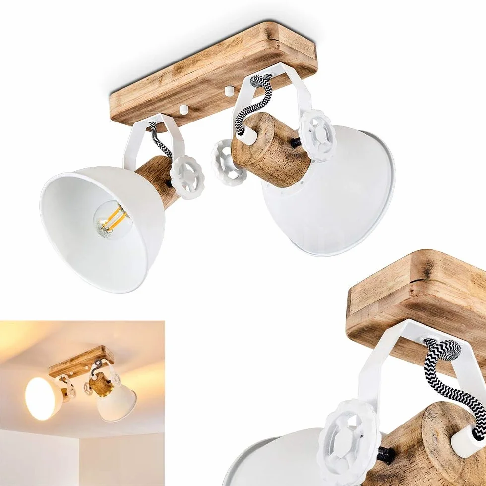 Lampa sufitowa Orny 2 płomienna z regulowanymi reflektorami metal/drewno biały/brązowy E27 retro vintage