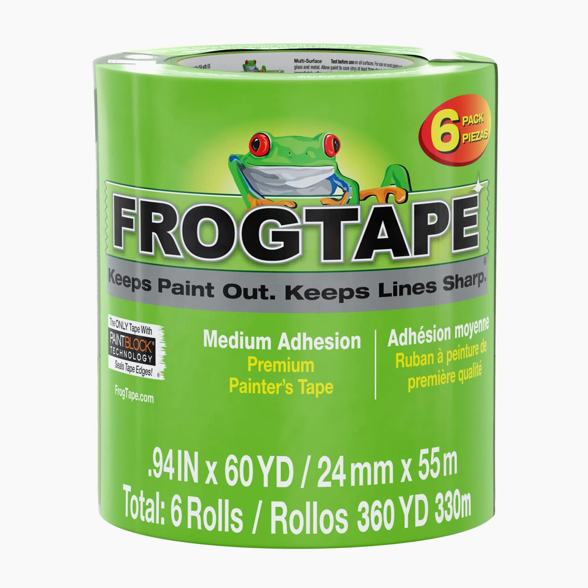 FrogTape taśma malarska wielopowierzchniowa [średnia przyczepność]: 2,5 cm x 1,5 m. (zielona) [6 rolek / opakowanie]