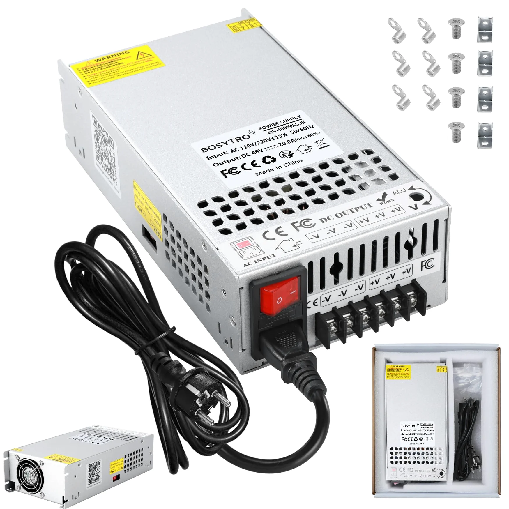 Ulepszony zasilacz impulsowy 48 V 20,8 A 1000 W, transformator LED 230 V na 48 V, DC 48 V, przetwornica napięcia, z kablem sieciowym i wyłącznikiem bezpieczeństwa, transformator do ogrzewania