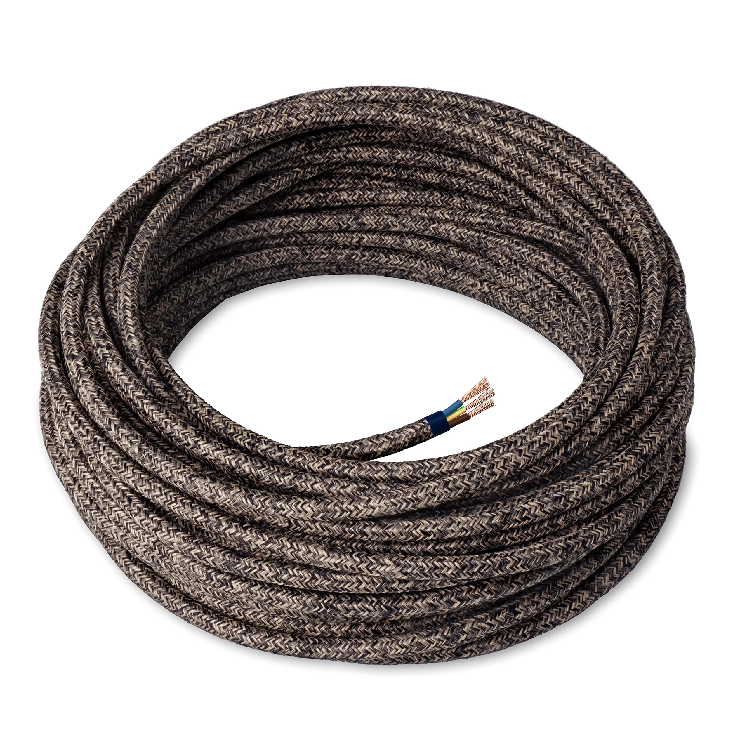 Amarcords - Kolorowy tekstylny kabel elektryczny CANVAS BR?ZOWY, okr?g?y, len, 20 metrów, z uziemieniem 3x0,75mm - Pokryty kolorow? tkanin? vintage kabel do lamp, yrandoli, kinkietów i aba?urów