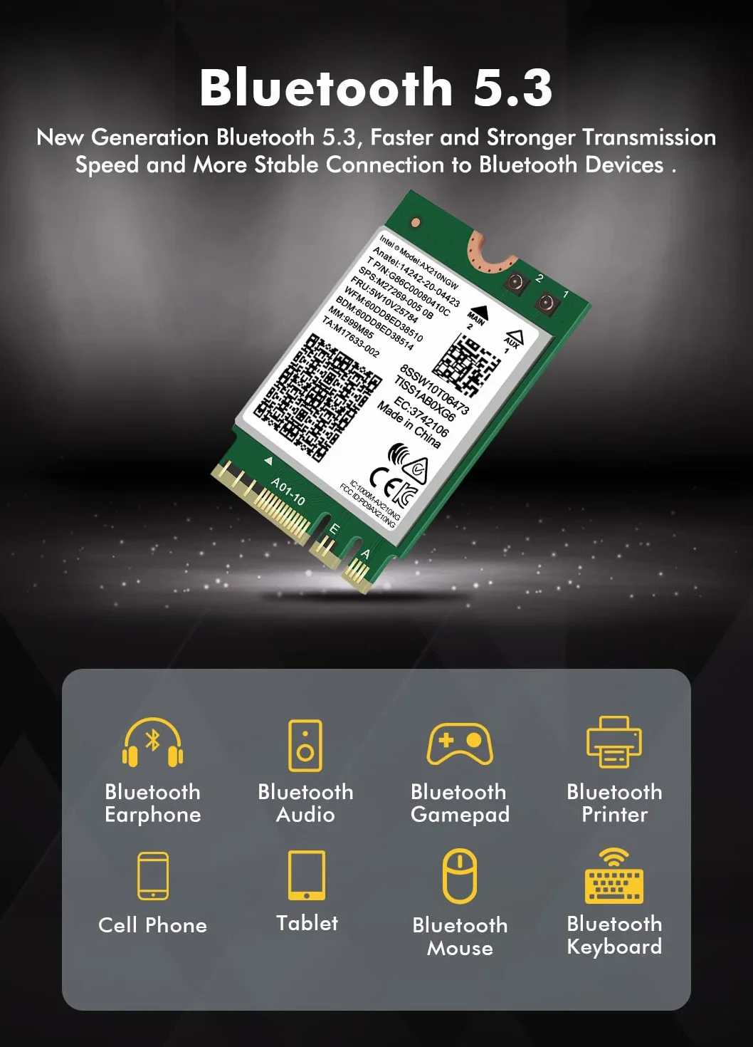Karta bezprzewodowa WiFi 6E Intel AX210 NGW Bluetooth 5.2 Tri-Band 5400 Mbps adapter sieciowy do laptopa, obsługa systemu Windows 10/11 (64 bit) M.2/NGFF