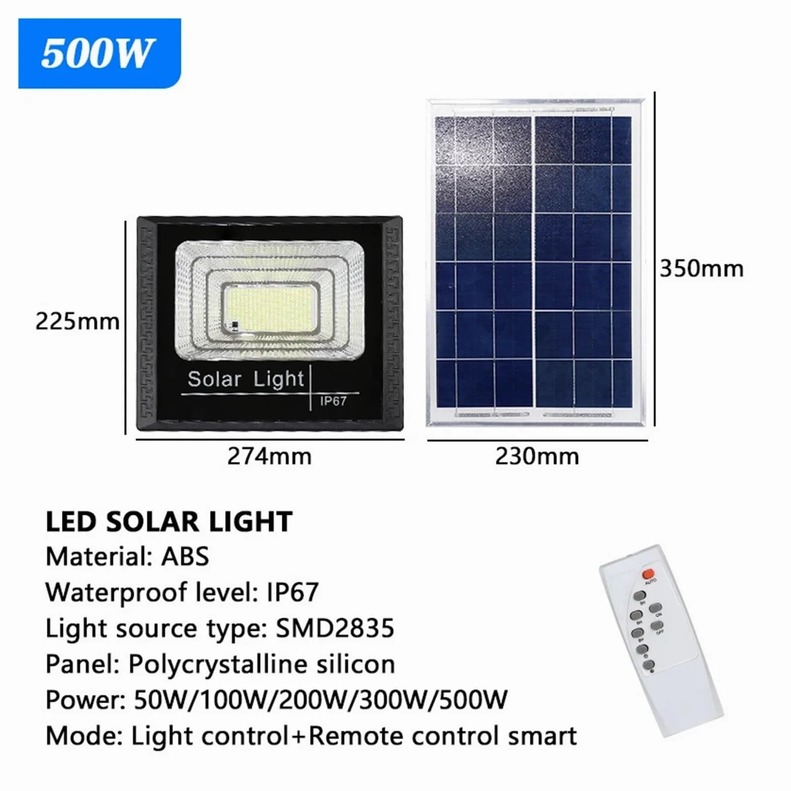 Lampa solarna zewnętrzna, Lampa słoneczna LED 500 W Światła powodziowe Zewnętrzne reflektory słoneczne Reflektory z pilotem do Garden Street