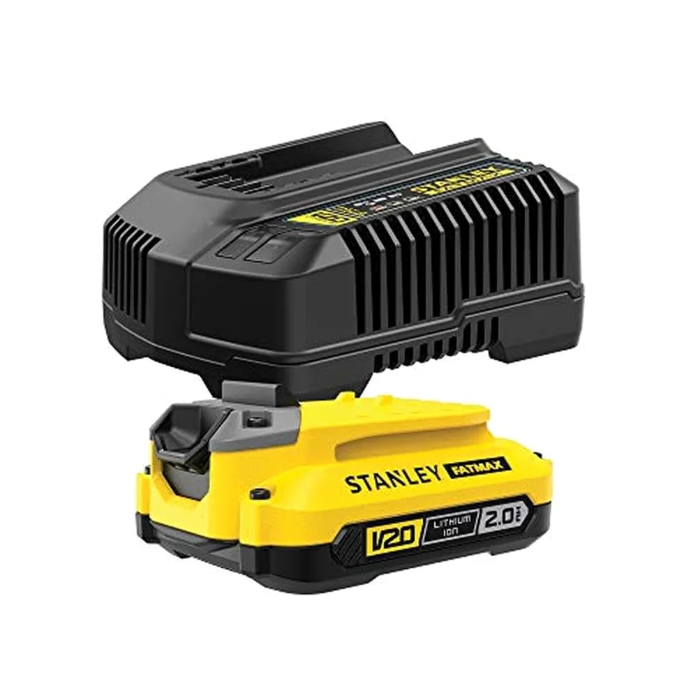 STANLEY Fatmax SFMCB121D1 QW ładowarka V20 litowo-jonowa 18 V 2A i adapter V20 lithium ion do narzędzi Stanley Fatmax 18 V i 1 akumulator litowo-jonowy V20 18V 2 AH