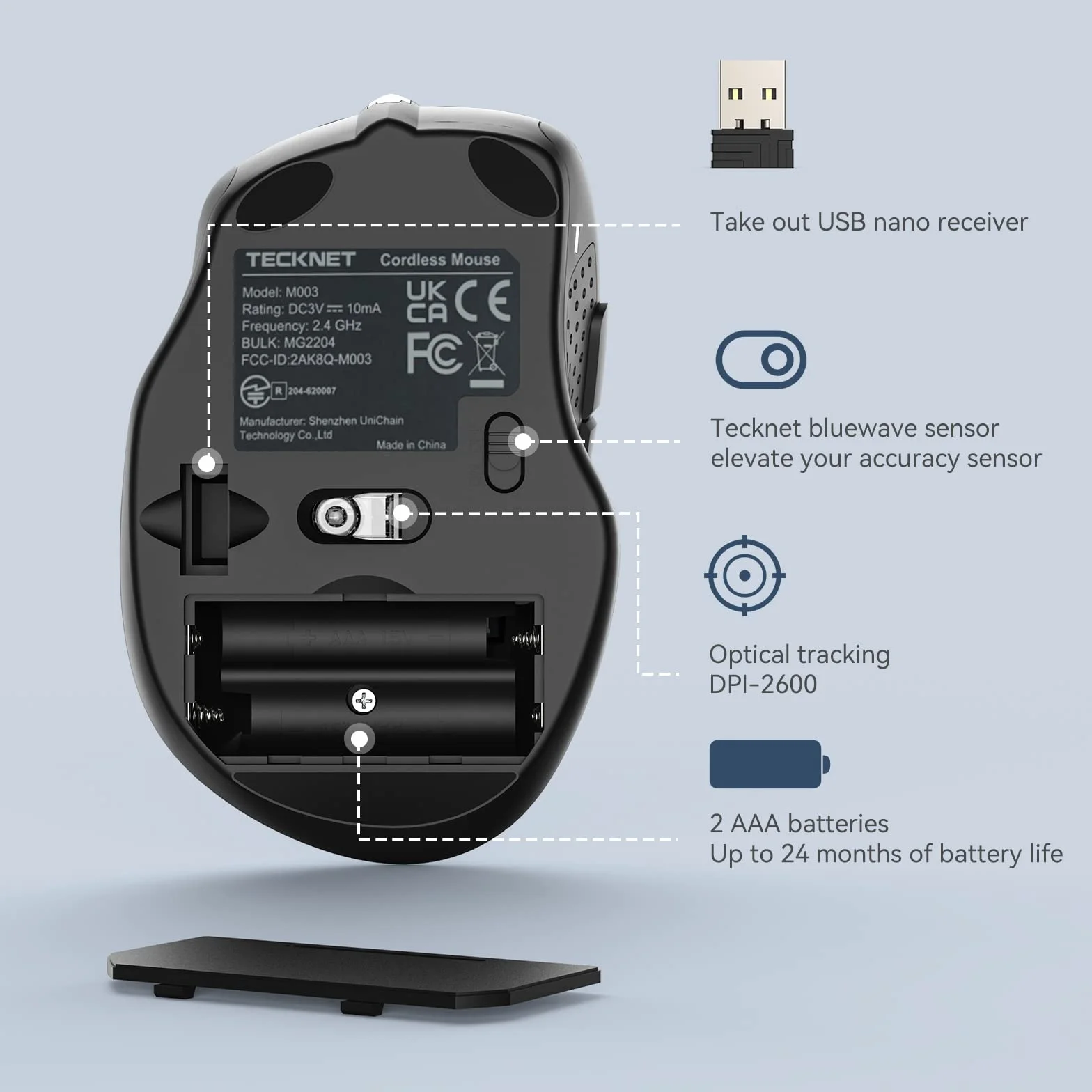 TECKNET Mysz Bezprzewodowa z 6 Przyciskami 2.4G, Ergonomiczna Mysz Optyczna z Nanoodbiornikiem, 24-miesięczna Żywotność Baterii, 5 Poziomów Regulacji DPI (Szary)