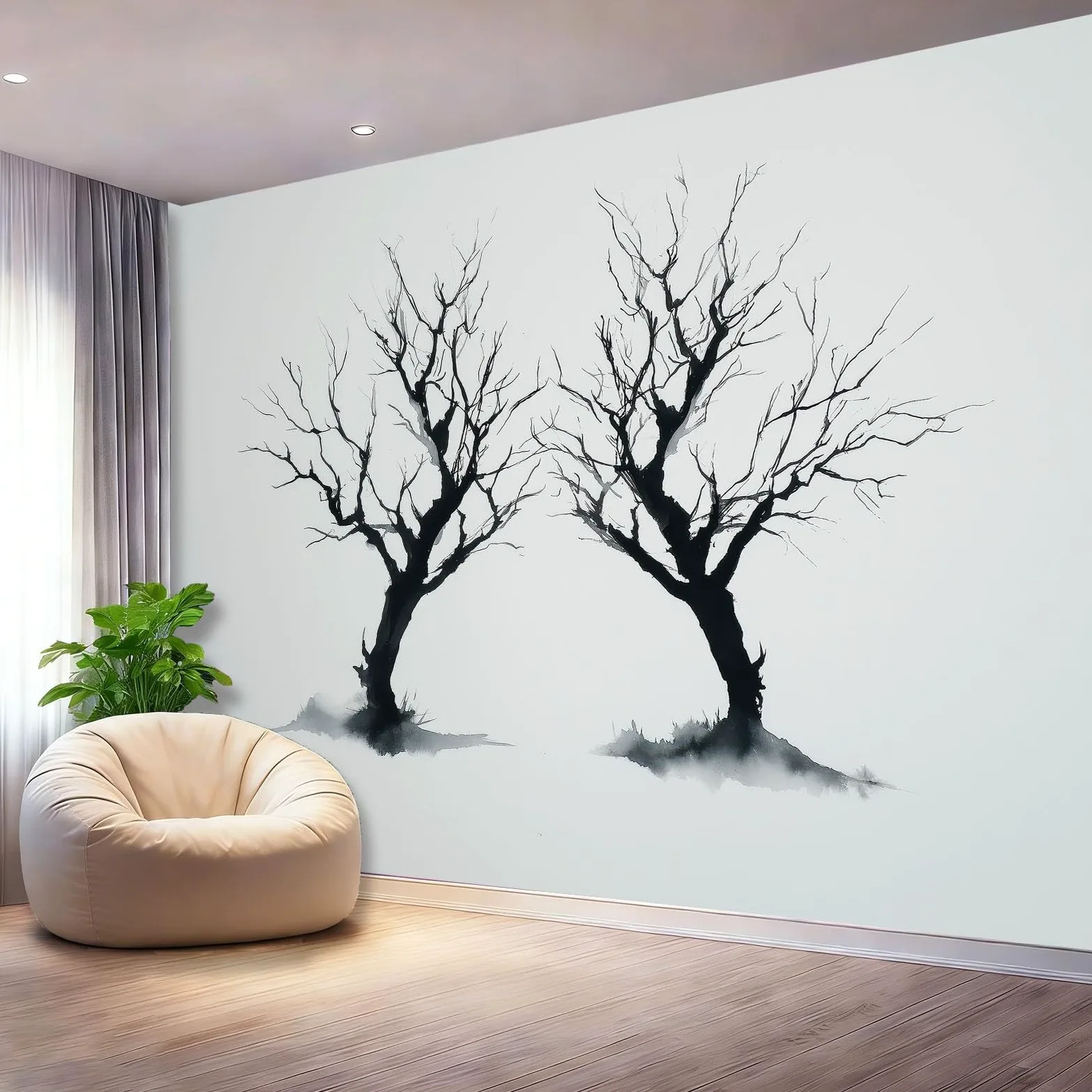 Mural ścienny, tapeta, obraz atramentowy, zwiędłe gałęzie drzew, czarny motyw, fototapeta, włóknina, fototapeta, plakat do salonu, sypialni, korytarza, TV, tło, dekoracja ścienna, murale, 300 x 210 cm