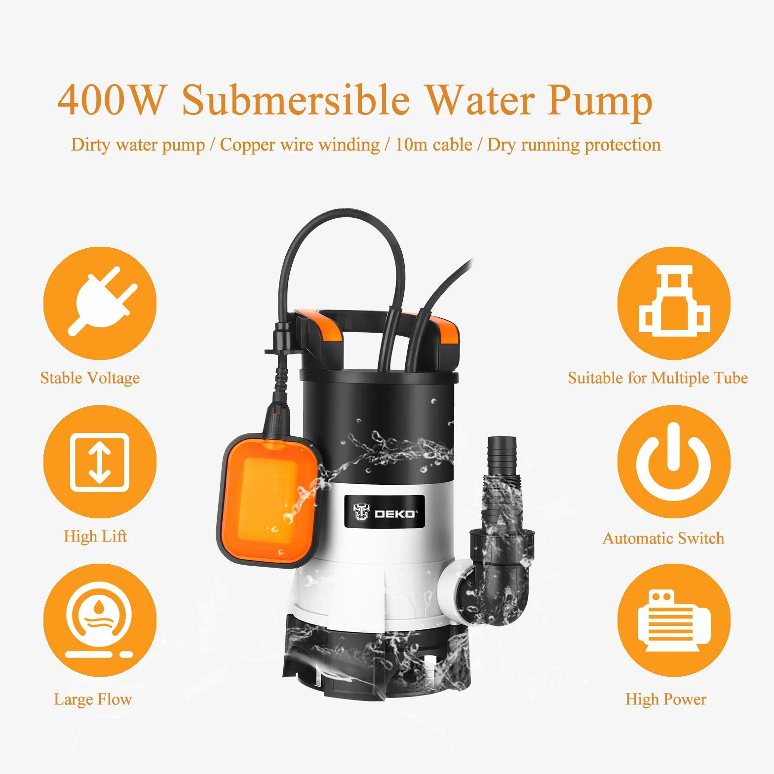 DEKO Pompa głębinowa 400 W 8000 l/h 7 m 35 mm z przełącznikiem pływakowym