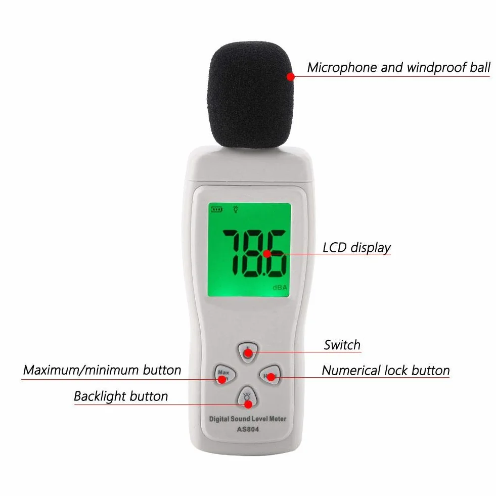 Walfront AS804 Precyzyjny cyfrowy tester poziomu dźwięku z czujnikiem szumów Zakres pomiaru hałasu 30-130 dBA Dokładność 1,5 dB