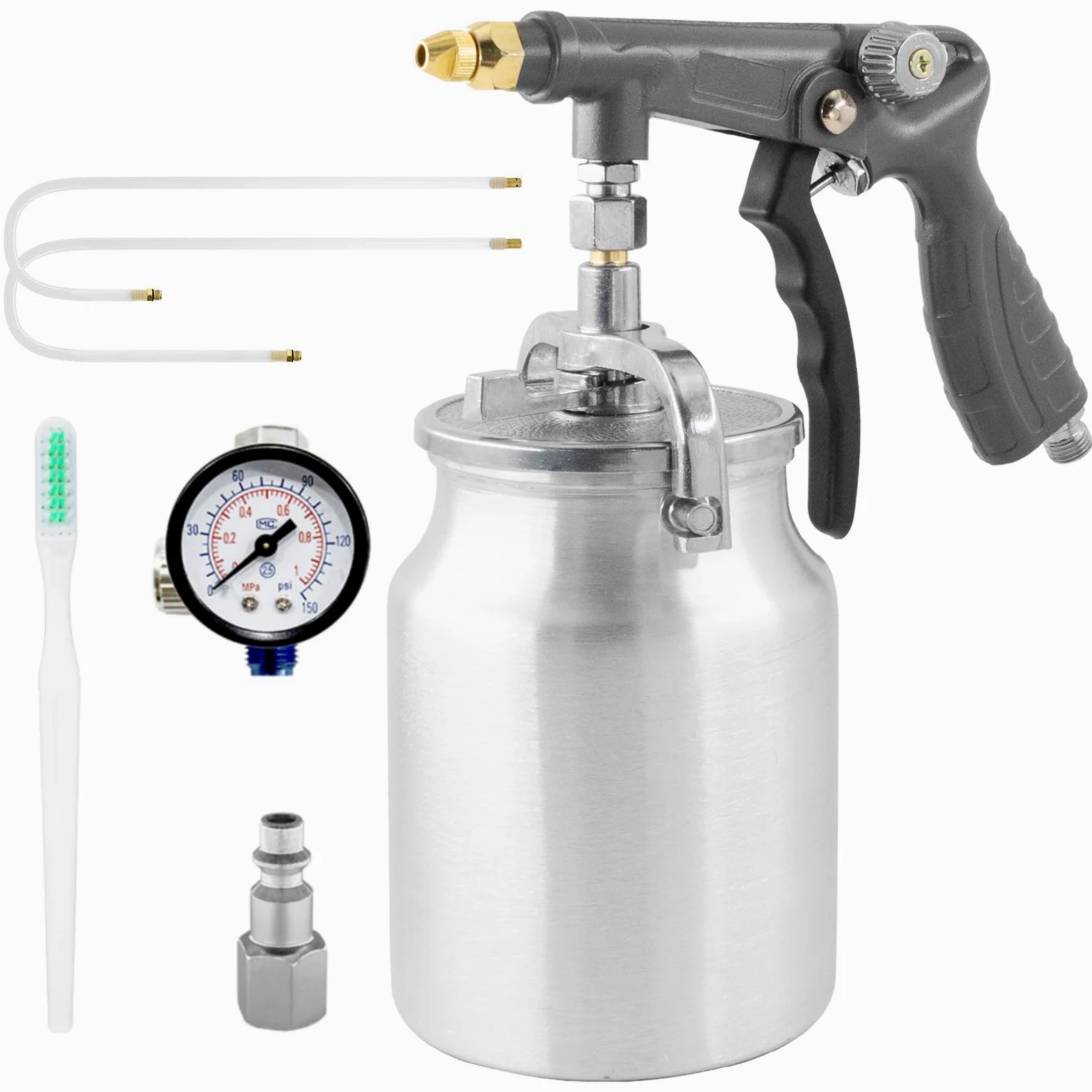 Pistolet natryskowy z przyssawką 1000 ml, 2 różdżki – 360° i proste węże natryskowe, pistolet do powlekania wykładziny łóżek ciężarowych, gumowany podkład, odporny na rdzę