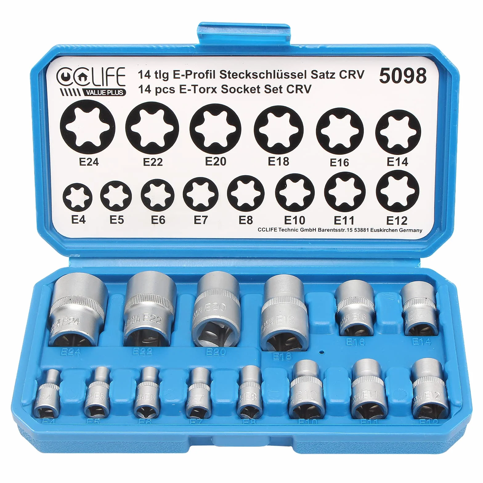 CCLIFE Zestaw kluczy nasadowych torx E-profil, E4-E24, 1/4, 3/8, 1/2 cala, 14 szt.