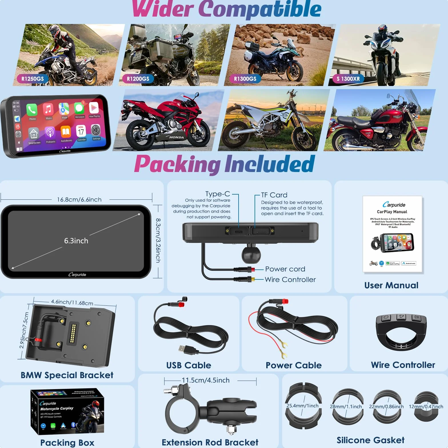 Carpuride W603B BMW R1200GS R1250GS S1000XR Motocykl Carplay Ekran Wodoodporny 6,3-calowy Dotykowy Nawigacja GPS Android Auto Przenośny