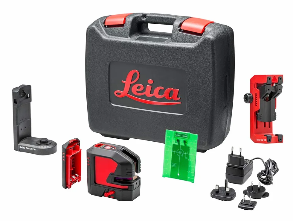 Leica Lino L2G – laser krzyżowy z akumulatorem litowo-jonowym, ładowarką, innowacyjnym adapterem magnetycznym i uchwytem ściennym w walizce (zielony laser, obszar roboczy: 35 m)