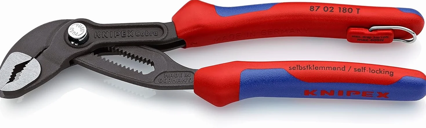 KNIPEX Cobra Szczypce nastawne do rur nowej generacji w blister fosforanowana, szara z wielokomponentowymi nasadkami, zaczep do, 87 02 180 T BK