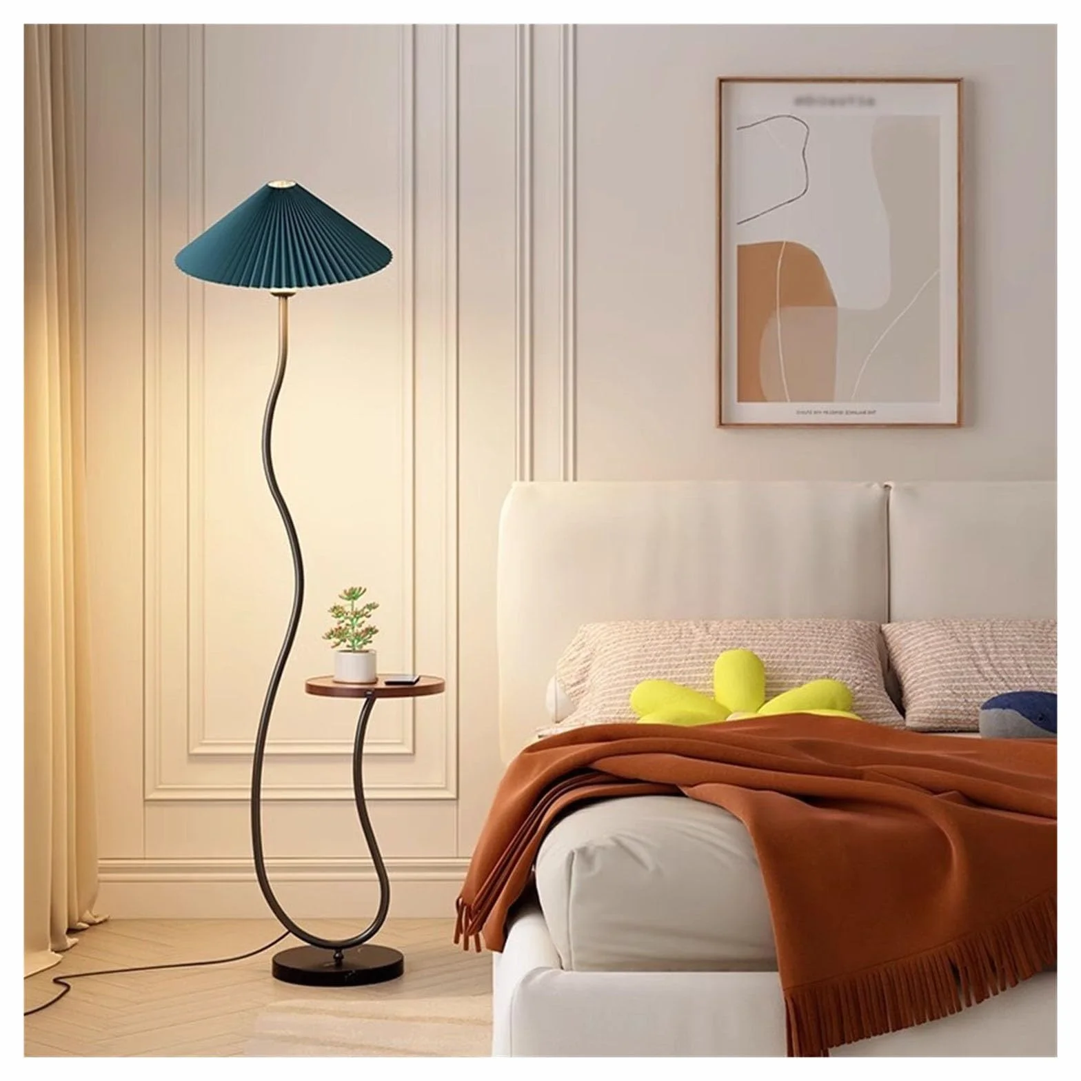 desk lamp Lampa podłogowa Nowoczesna lampa podłogowa ze złotym łukiem z połowy stulecia z półką, lampa stojąca podłogowa z abażurem z plisowanej tkaniny i marmurową podstawą do salonu Lampa stojąca w
