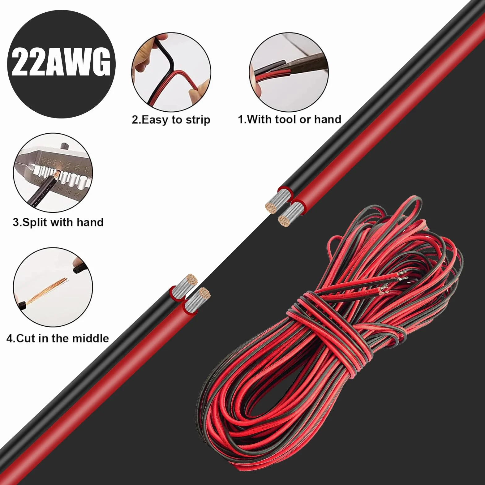 ADNEWX® 20 m 2 pin 22AWG czerwony i czarny przewód PVC LED przedłużacz 12 V jest często stosowany w przypadku lamp/taśmy LED i okablowania elektronicznego