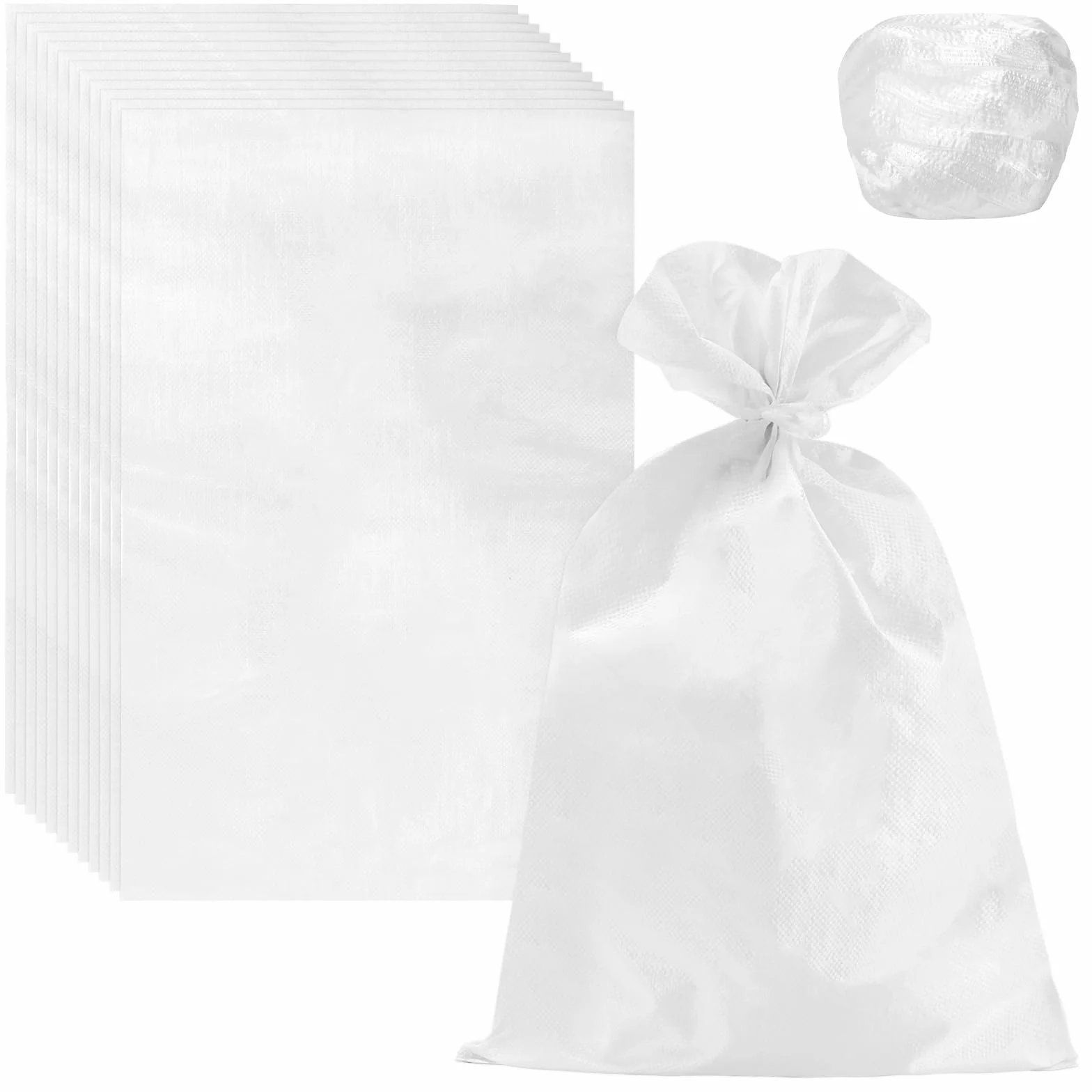 FUNSUEI 60 sztuk białych worków na piasek, 45 x 77 cm, puste worki z tkaniny ze ściągaczem, worek z polipropylenu (PP), worek na piasek do napełniania