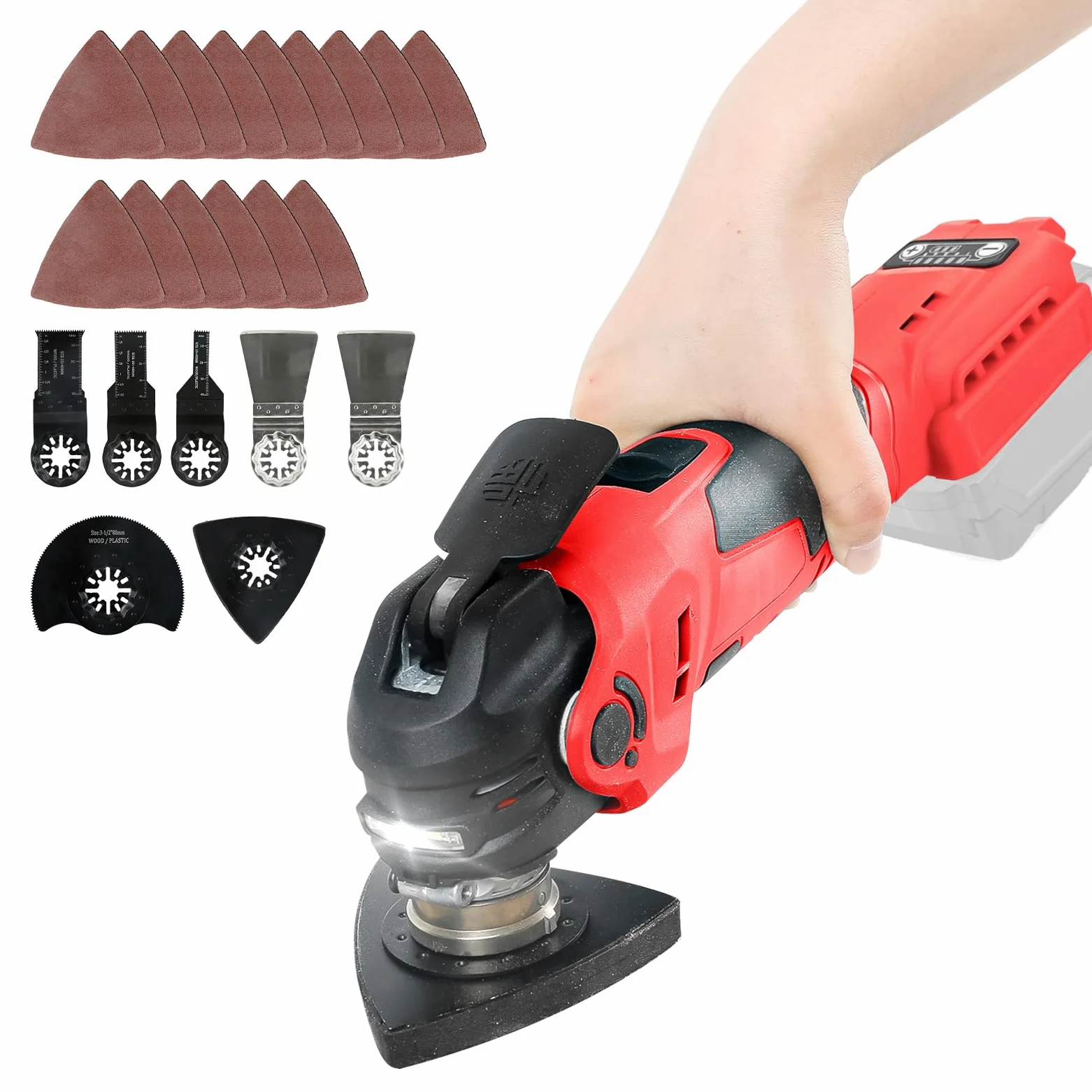 Narzędzie wielofunkcyjne, akumulator, kompatybilne z Milwaukee M18 18 V, bezszczotkowe narzędzie oscylacyjne, 5 regulowanych prędkości, 20 akcesoriów do cięcia, szlifowania, polerowania (bez