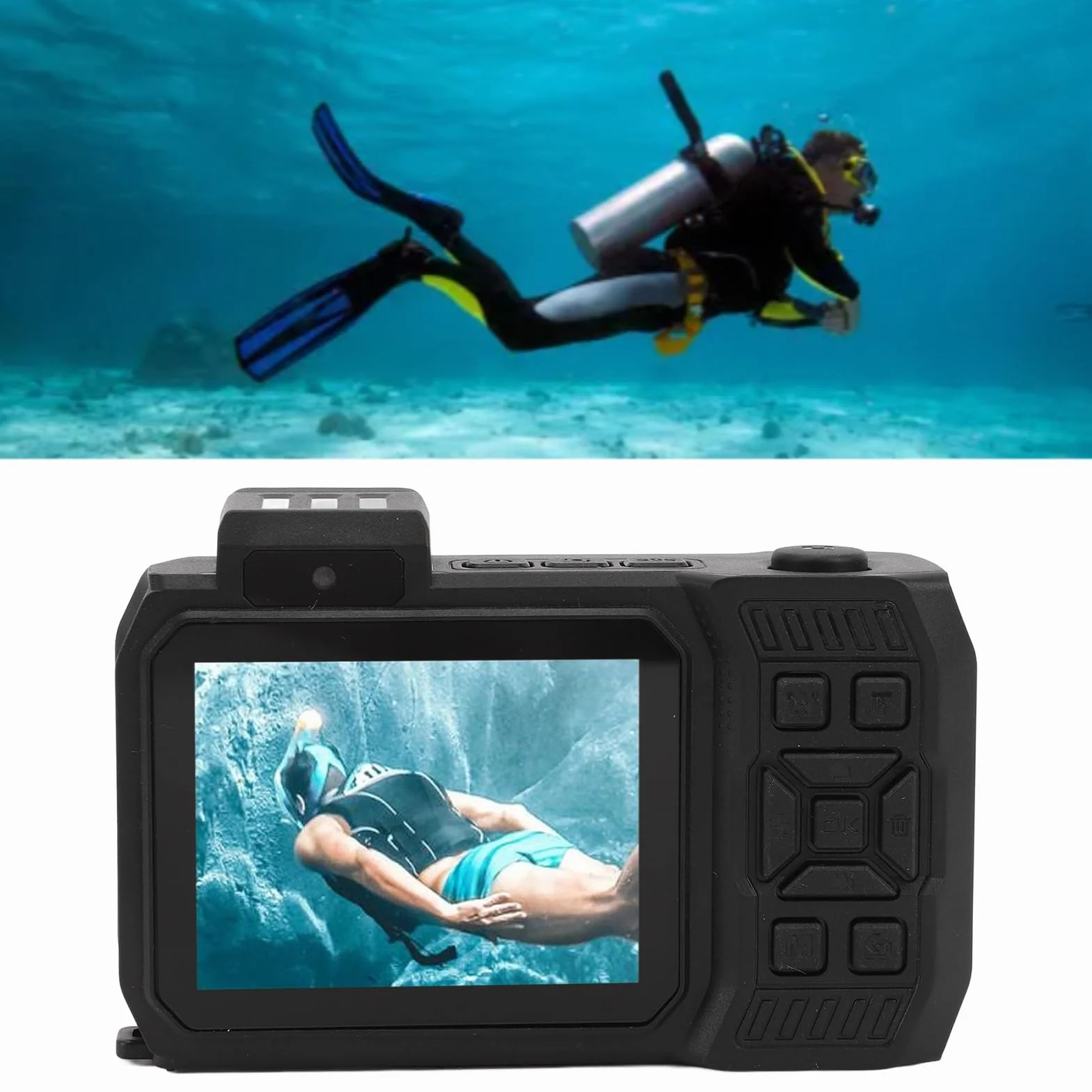 Wodoodporna Kamera, Podwodna Kamera z Podwójnym Ekranem, 10-krotny Zoom Optyczny 4K 65MP do Nurkowania (BLACK)