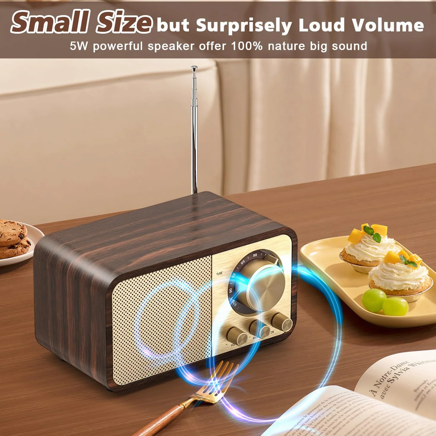 Tendak Radio FM retro Bluetooth z głośnikiem 5 W, akumulator 2000 mAh, karta TF, odtwarzacz MP3 USB, obsługa trybu AUX/bas
