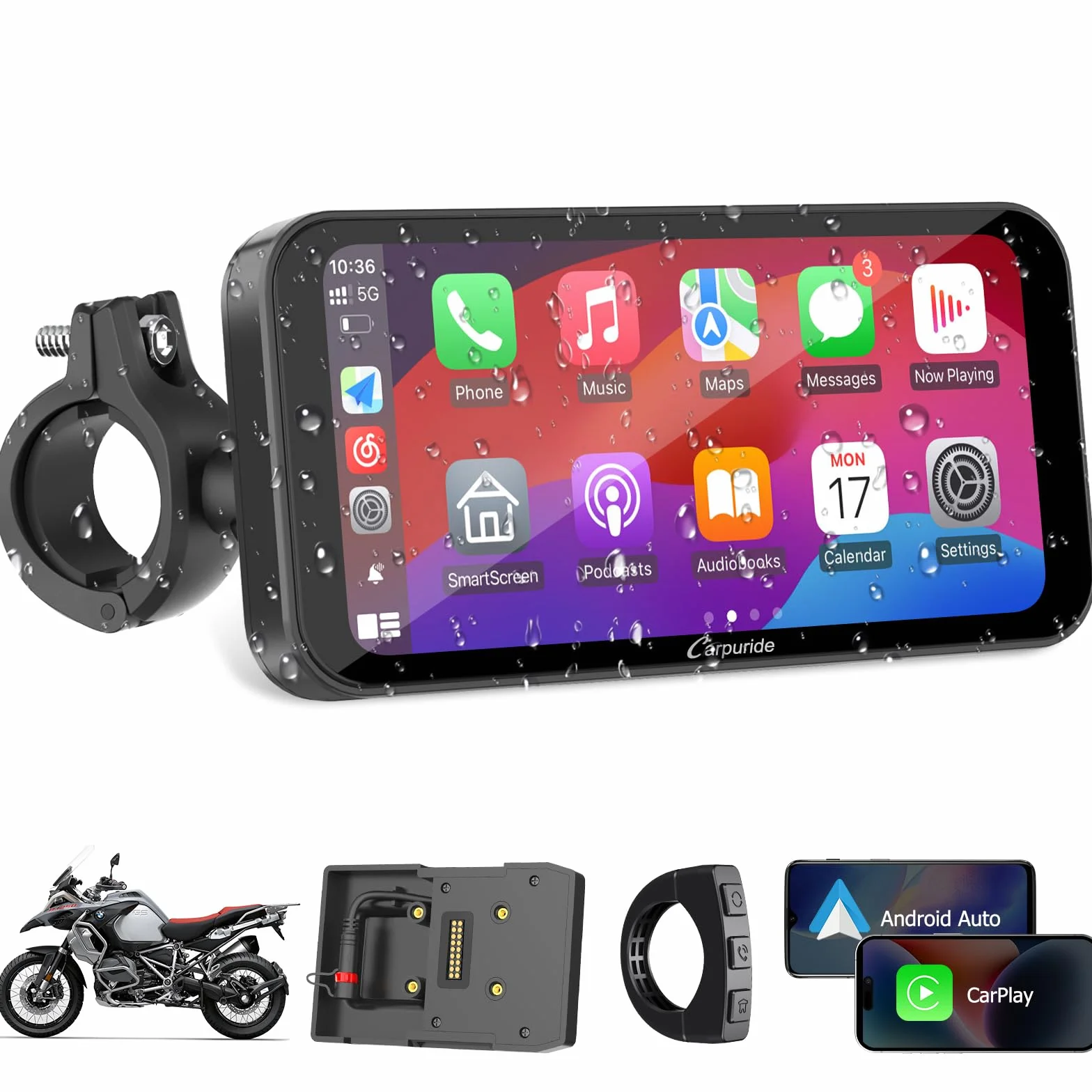 Carpuride W603B BMW R1200GS R1250GS S1000XR Motocykl Carplay Ekran Wodoodporny 6,3-calowy Dotykowy Nawigacja GPS Android Auto Przenośny