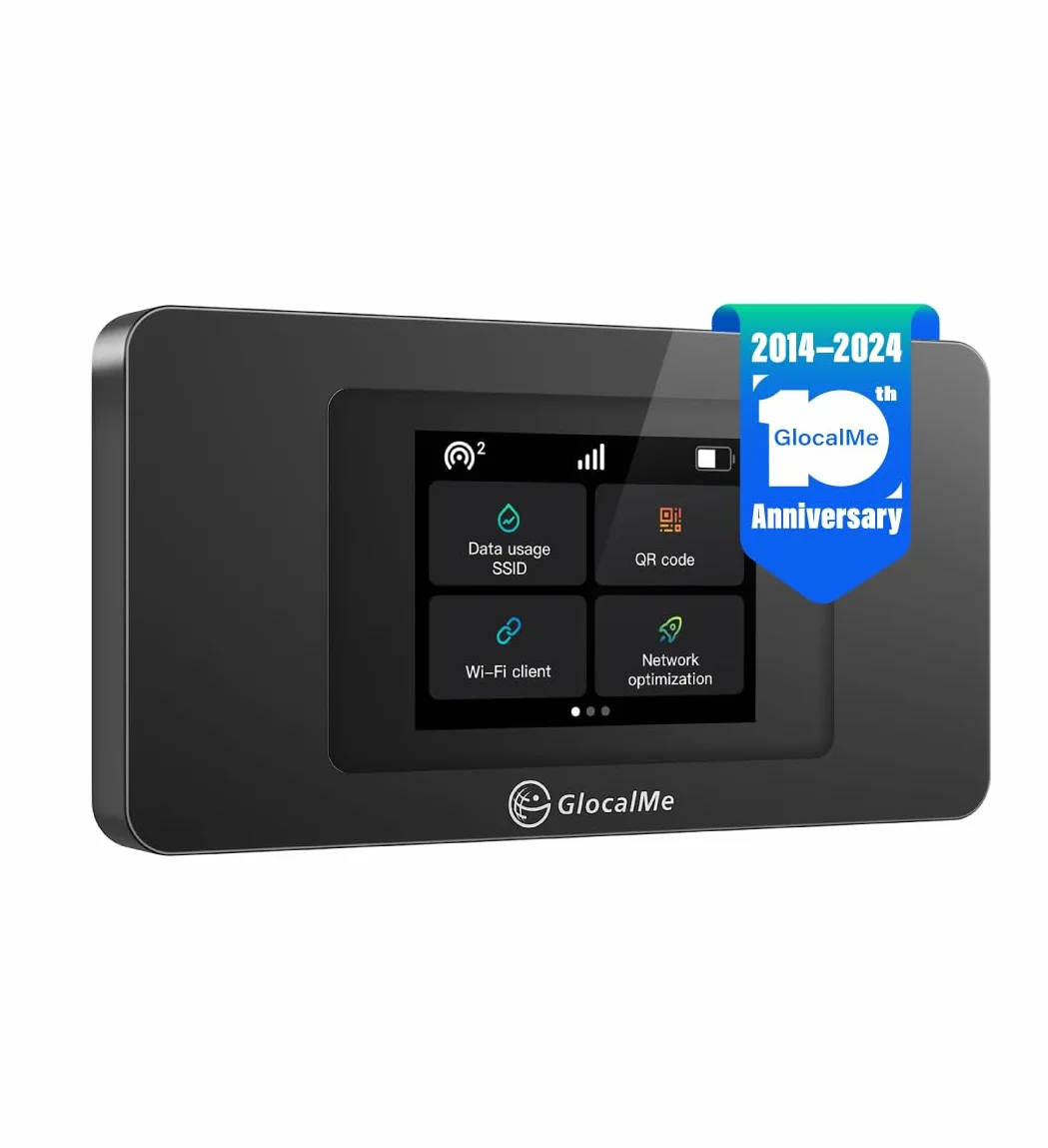 GlocalMe Duoturbo mobilny router Wi-Fi 4G LTE, akumulator 3500 mAh, wyświetlacz LCD, podwójny modem, hotspot, zasięg 140+ krajów, czarny