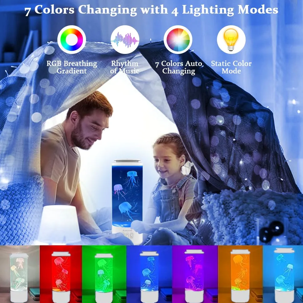 Lampa z meduzami, do akwarium, 7 zmian kolorów, 4 tryby świecenia, lampa lawowa, meduzy, głośnik Bluetooth, z pilotem zdalnego sterowania, dekoracja domu (biała)