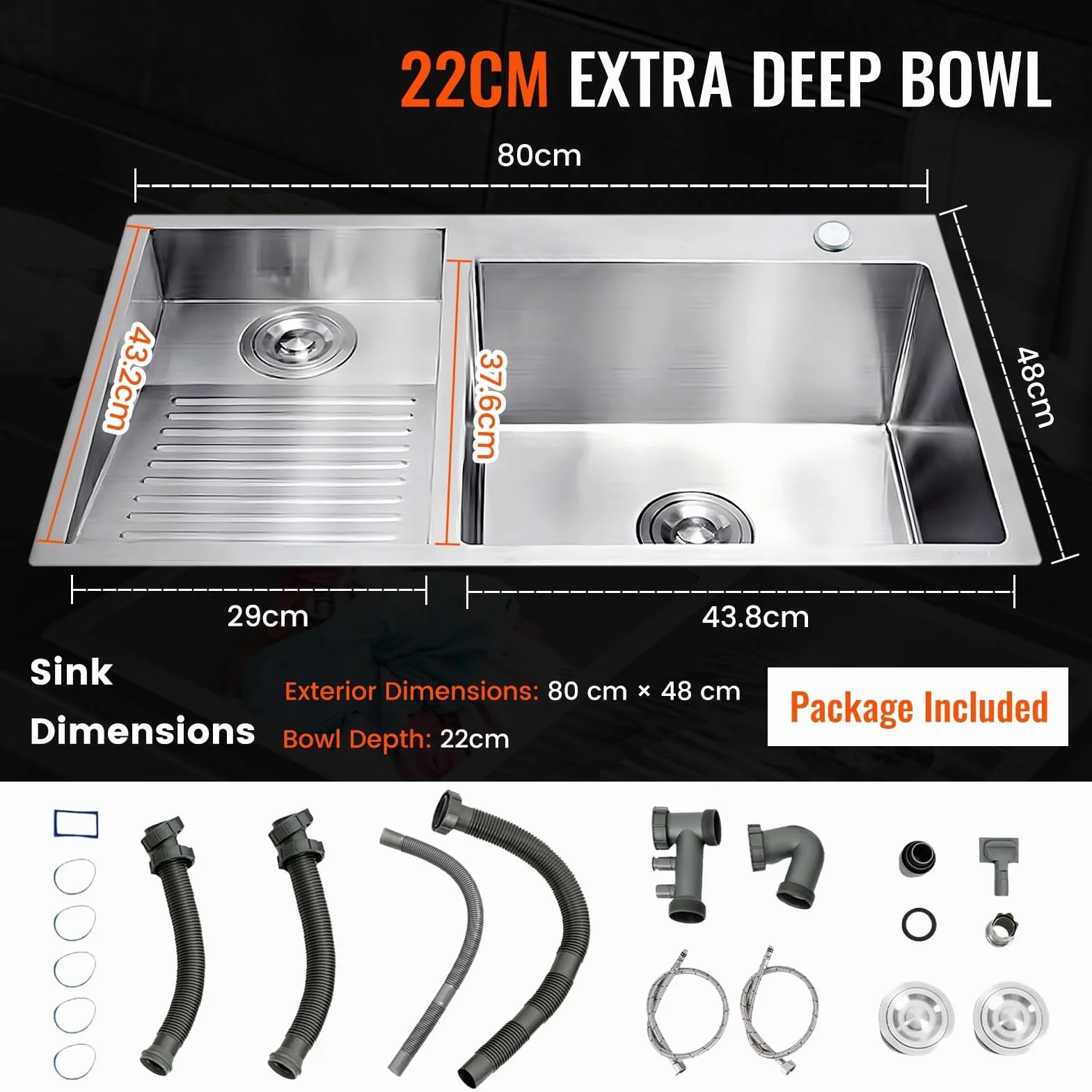 Utility Laundry Sink With Washboard, Hand Washing Tub With 4mm Thick Panel, Stainless Steel Laundry Basin, Workstation Washing Basin With Drain Kit, For Utility Room, Basement(A,80x48x22cm)