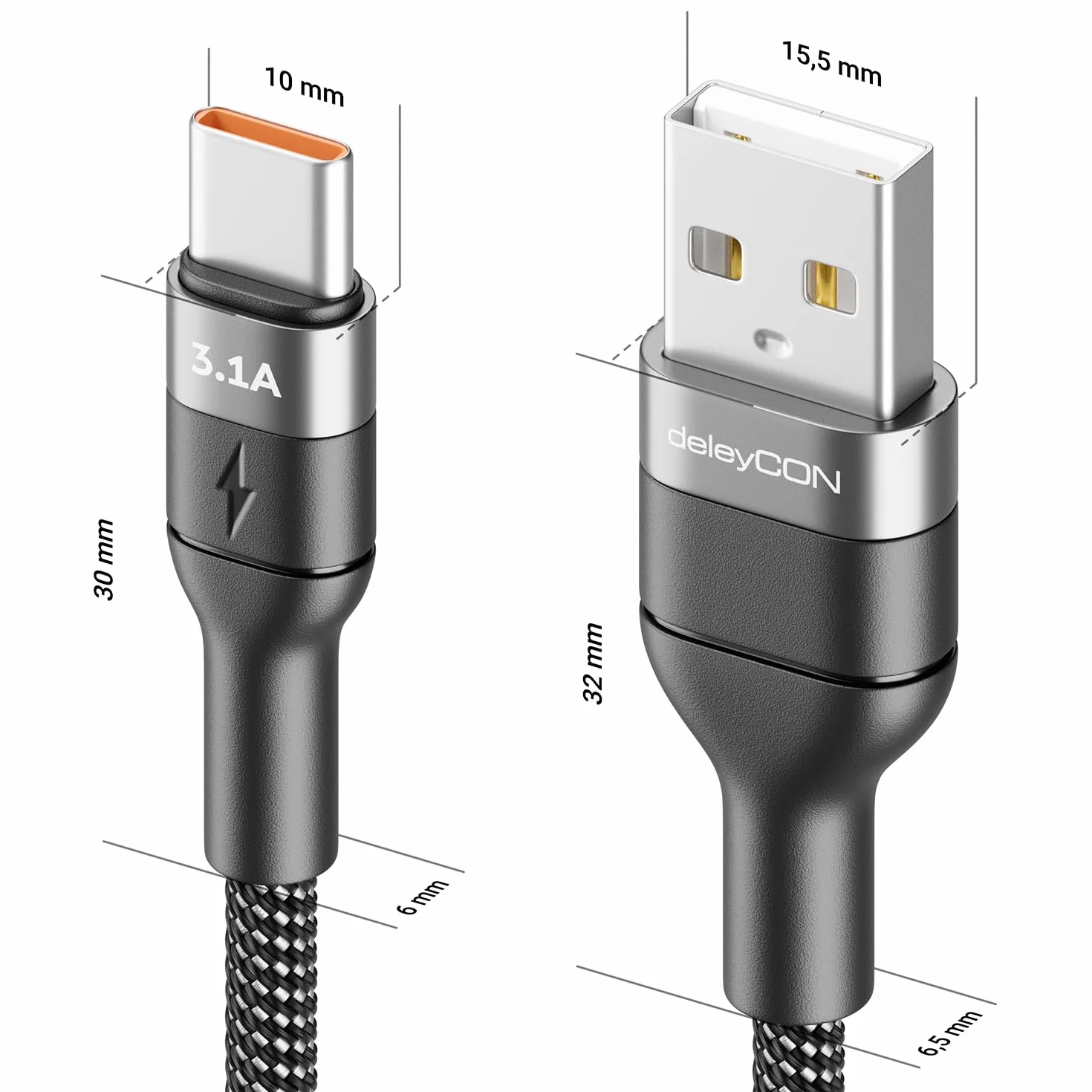 deleyCON 1m USB C Kabel 3.1A Ładowania Przewód Danych USB-A na USB-C do iPhone 16 15 Pro Max Galaxy A16 A56 S26 S25 S24 S23 Pixel iPad Pro