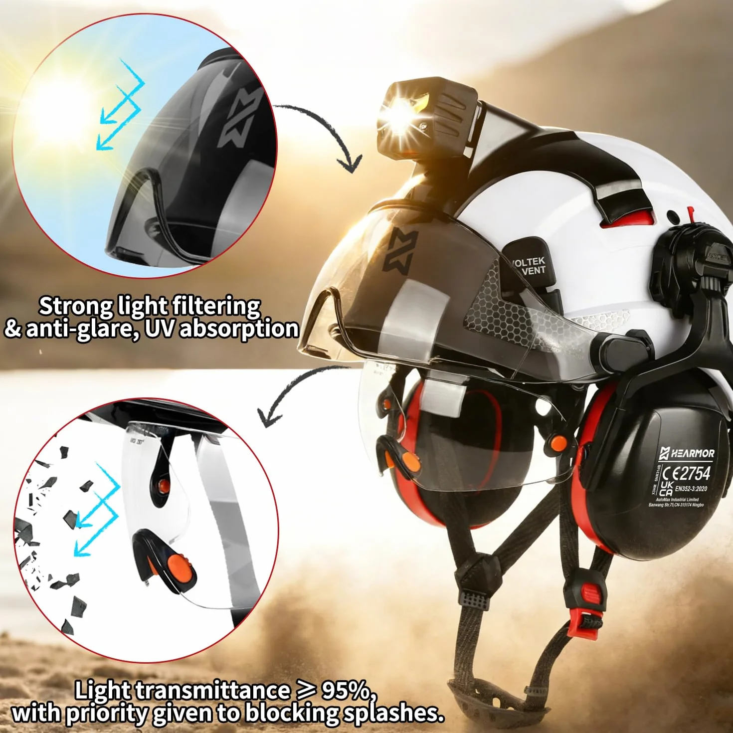 HEARMOR VOLTEK CE EN397 kask ochronny z certyfikatem CE EN397 z lampą czołową LED + wizjerem i ochroną słuchu | do prac leśnych, prac budowlanych i wspinaczki | wysokiej jakości kask roboczy z