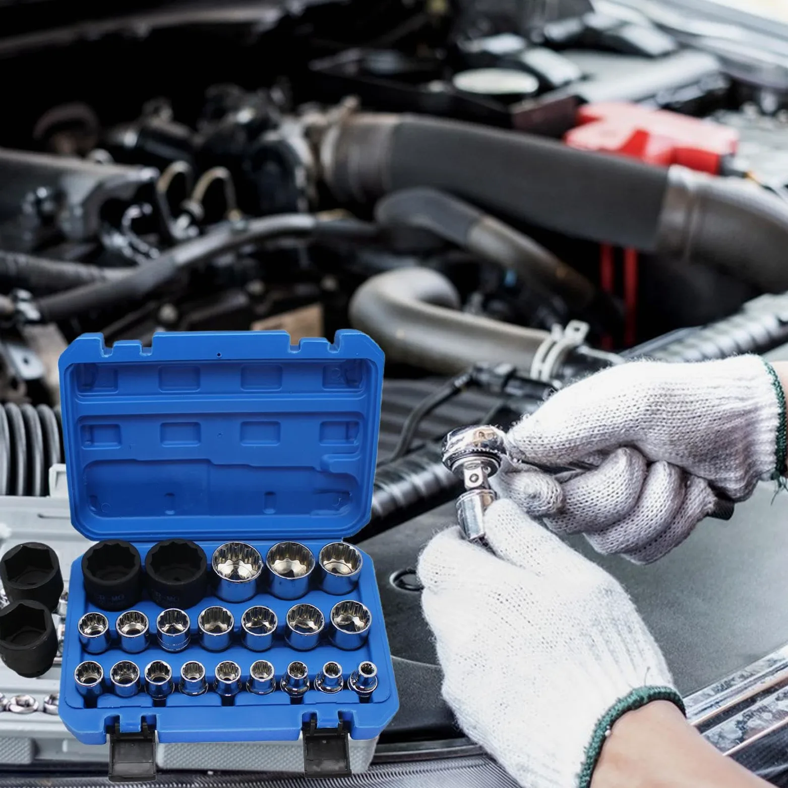 Zestaw Kluczy Grzechotkowych Uniwersalny Zestaw Tulei Domowych | Antypoślizgowy Zestaw 21 Sztuk do Warsztatu Garażu Elektryki Gospodarstwa Domowego Żeglugi Przemysłu Mechaniki Budownictwa