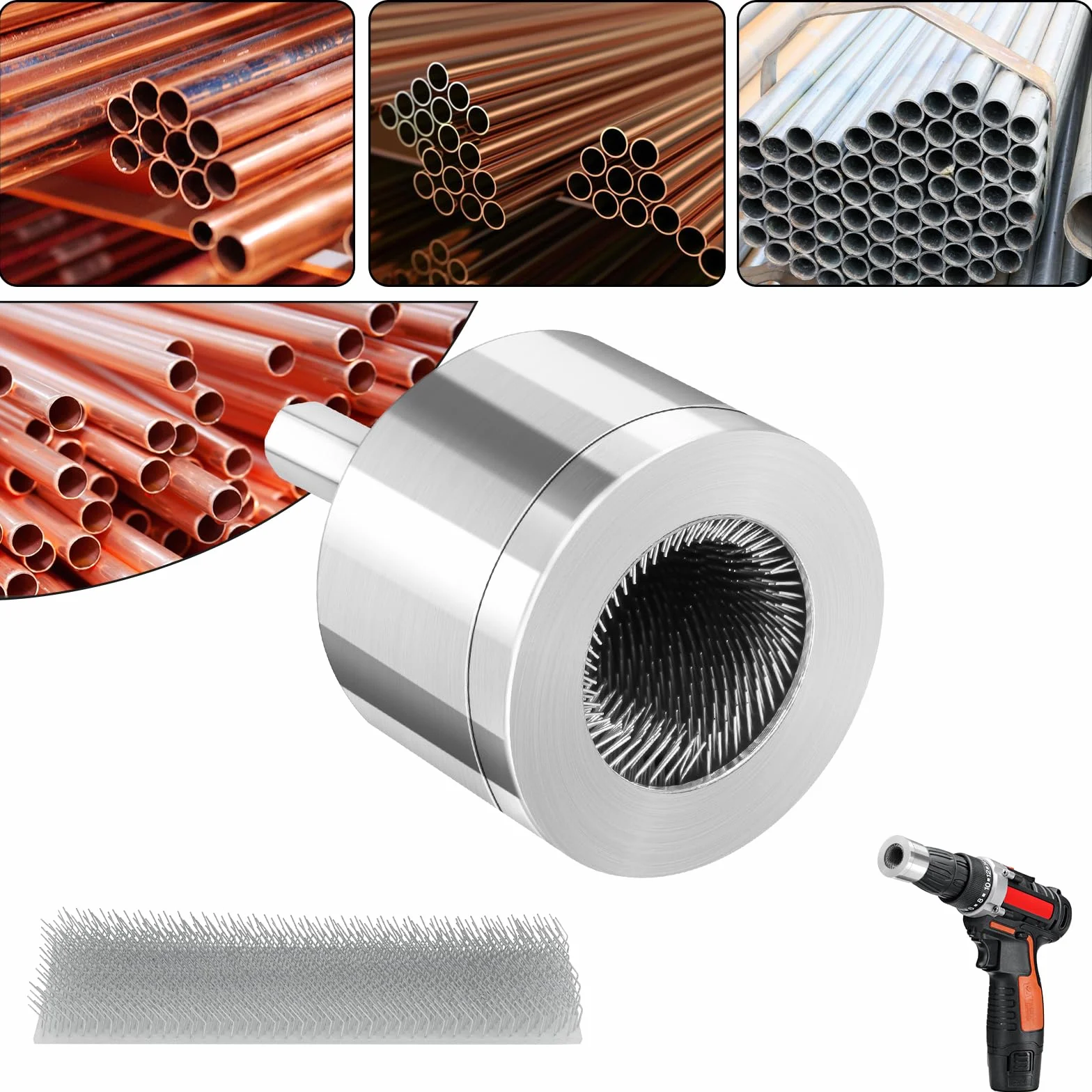 Flintronic Miedziany środek do czyszczenia rur, 1 szt. Szczotki do czyszczenia rur metalowych do wiertła 15 mm, z wymiennymi szczotkami, do czyszczenia rur miedzianych