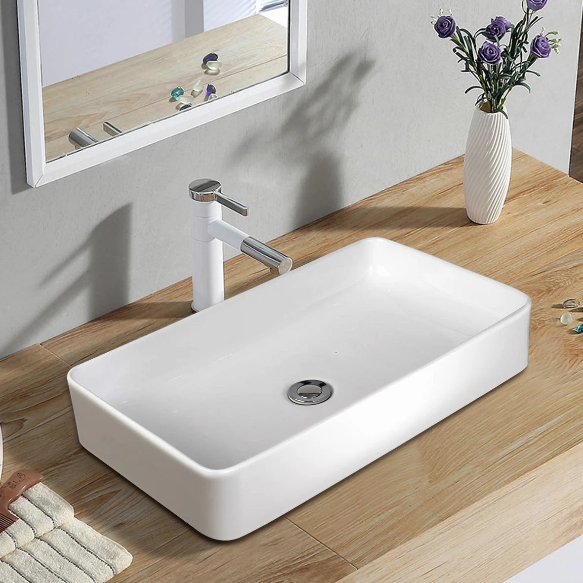 LIFEZEAL Umywalka ceramiczna, biała, umywalka nasadowa, prostokątna, umywalka do łazienki i toalety dla gości, umywalka nasadowa, nowoczesny design (60 x 35 x 11 cm)