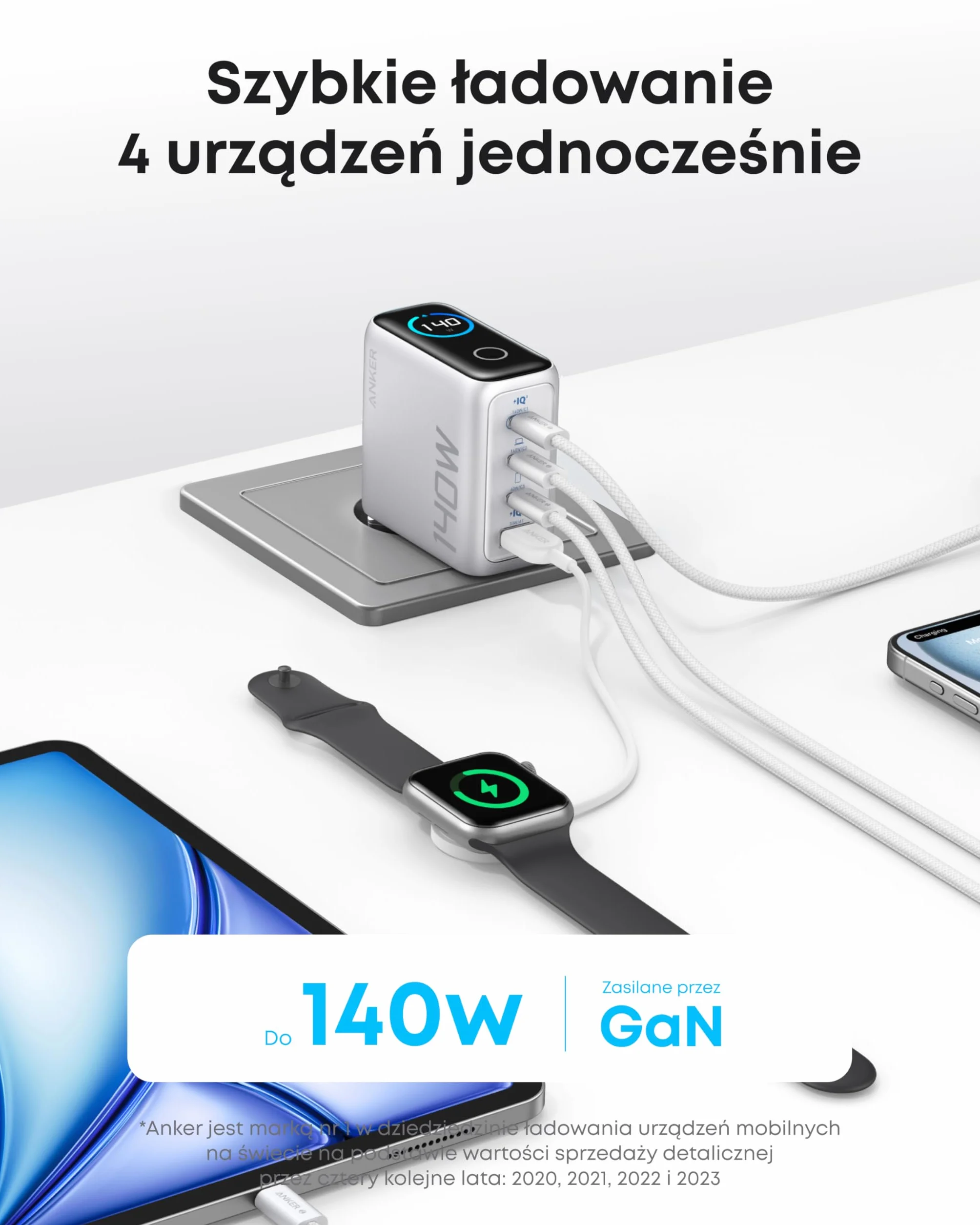 Ładowarka Anker 140W USB C, ładowarka do laptopa, 4-portowa, sterowanie dotykowe, szybkie ładowanie, wiele urządzeń, do MacBooka, iPada, iPhone'a 16/15/14, Samsunga i innych (Srebro)