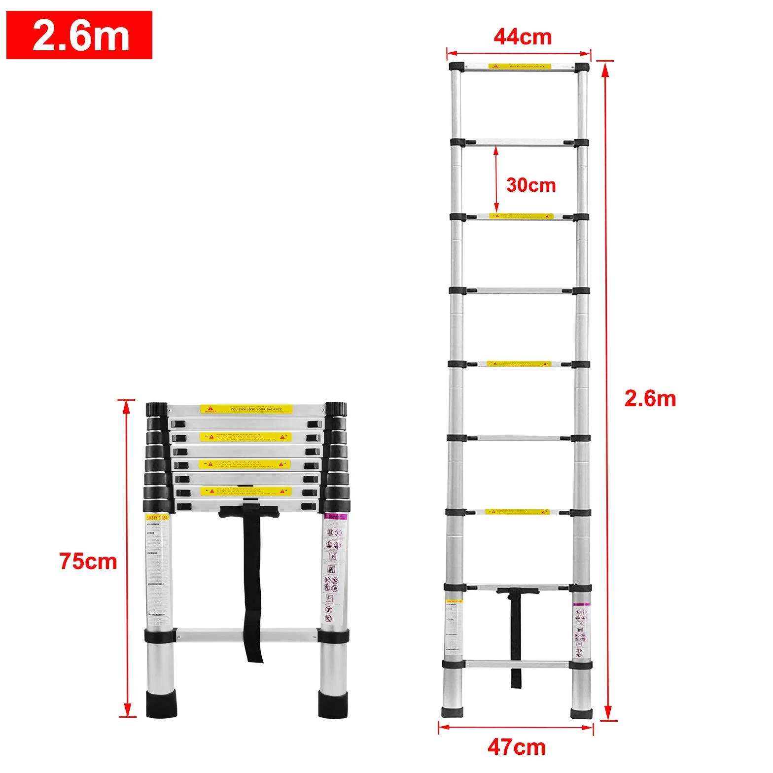 UISEBRT Aluminiowa drabina teleskopowa, 2,6 m, rozsuwana, wielofunkcyjna, antypoślizgowa, uniwersalna, aluminiowa drabina stojąca, obciążenie do 150 kg, srebrna