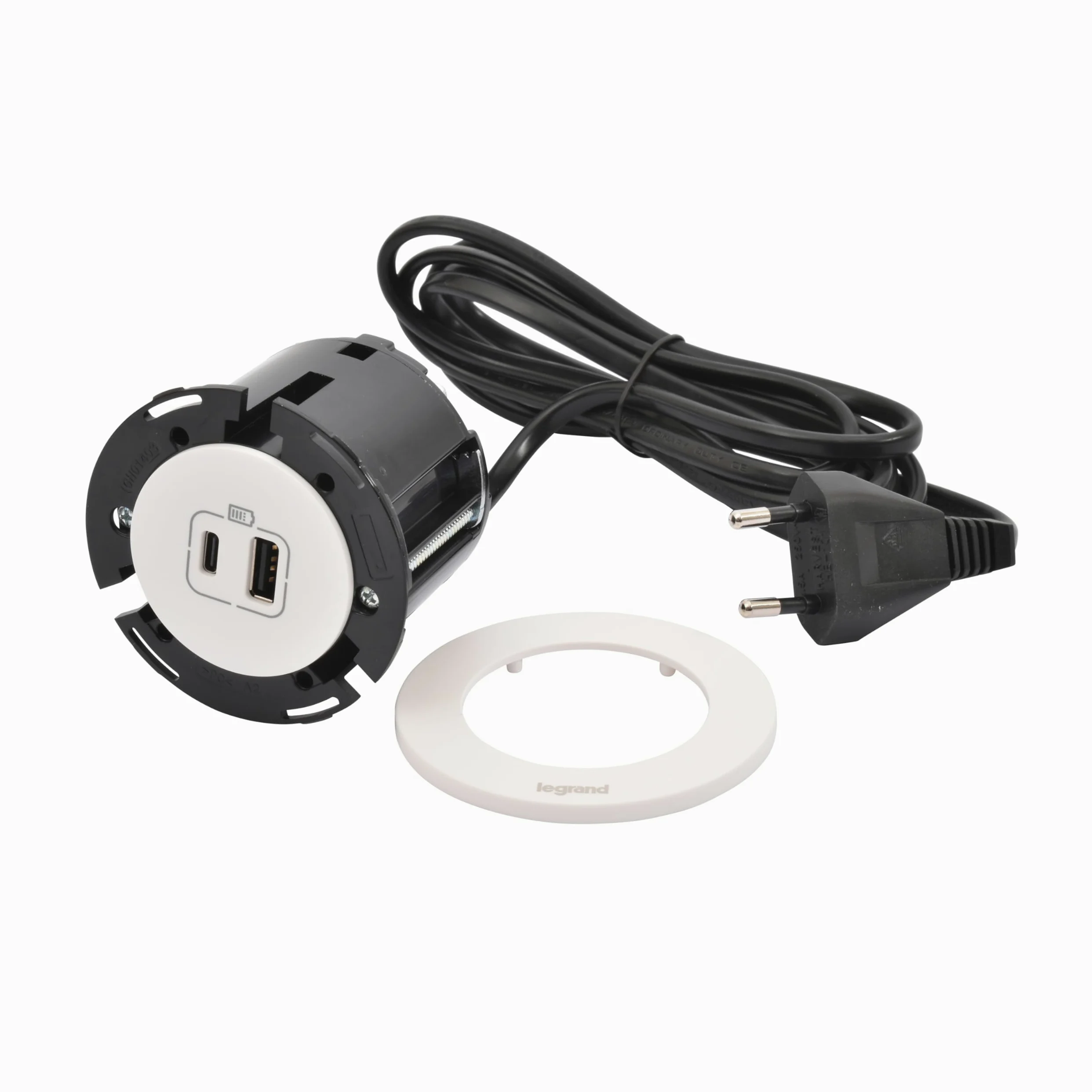 LEGRAND, Incara Disq 60, gniazdo ładowania USB A+C, gniazdko stołowe, gniazdo do zabudowy, ładowarka wielokrotna, 15 W, długość kabla 2 m, wtyczka 2P + E, kolor: ultrabiały, 654730