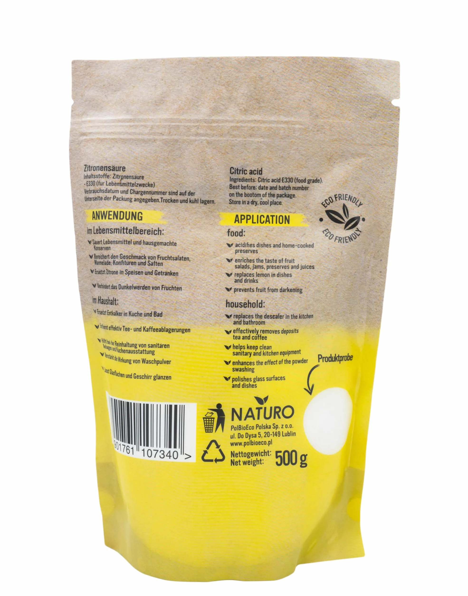 NATURO | Czysty kwas cytrynowy w proszku 500 g – skuteczny środek do odkamieniania czajników, środek czyszczący i nie tylko – kwas cytrynowy w proszku do czyszczenia, 100%