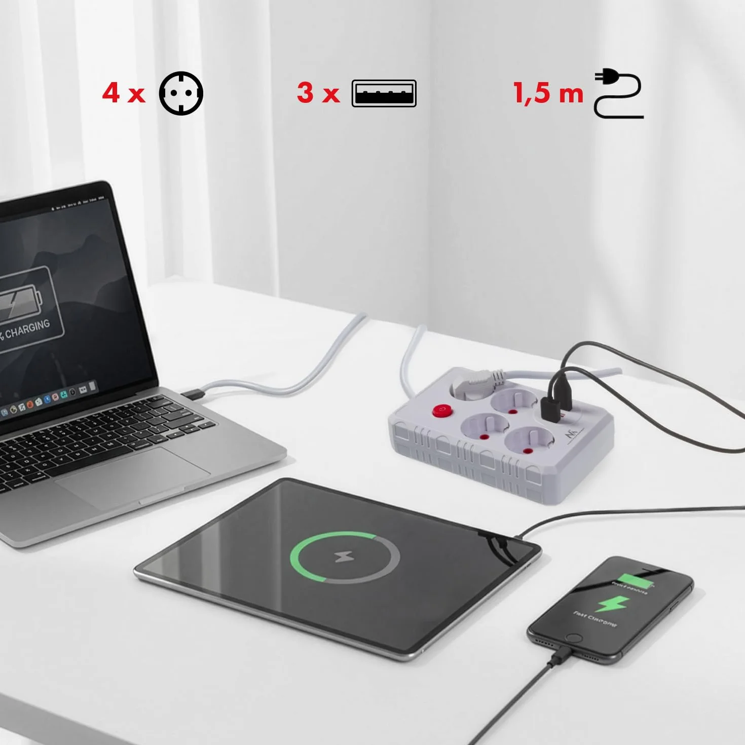 Listwa zasilająca Maclean MCE392/393 4 gniazda 3xUSB 2500W kabel 1,5 m gniazda wygięte pod kątem 45° podświetlany wyłącznik Biały