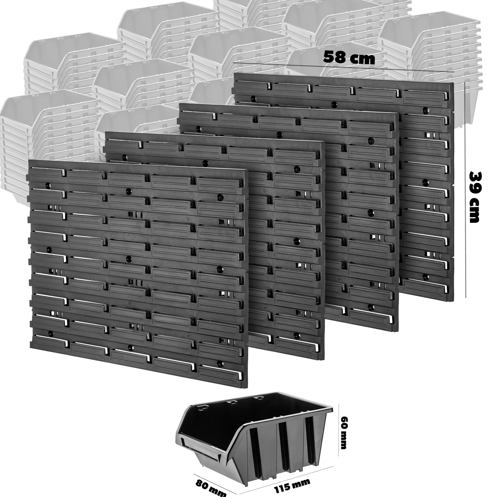 KADAX Regał ścienny warsztatowy, 116 x 78 cm, system przechowywania z wytrzymałego tworzywa sztucznego, odporny na promieniowanie UV, regał warsztatowy, rozszerzalne płyty ścienne, regał do garażu, (czerwony i czarny, 81 elementów)