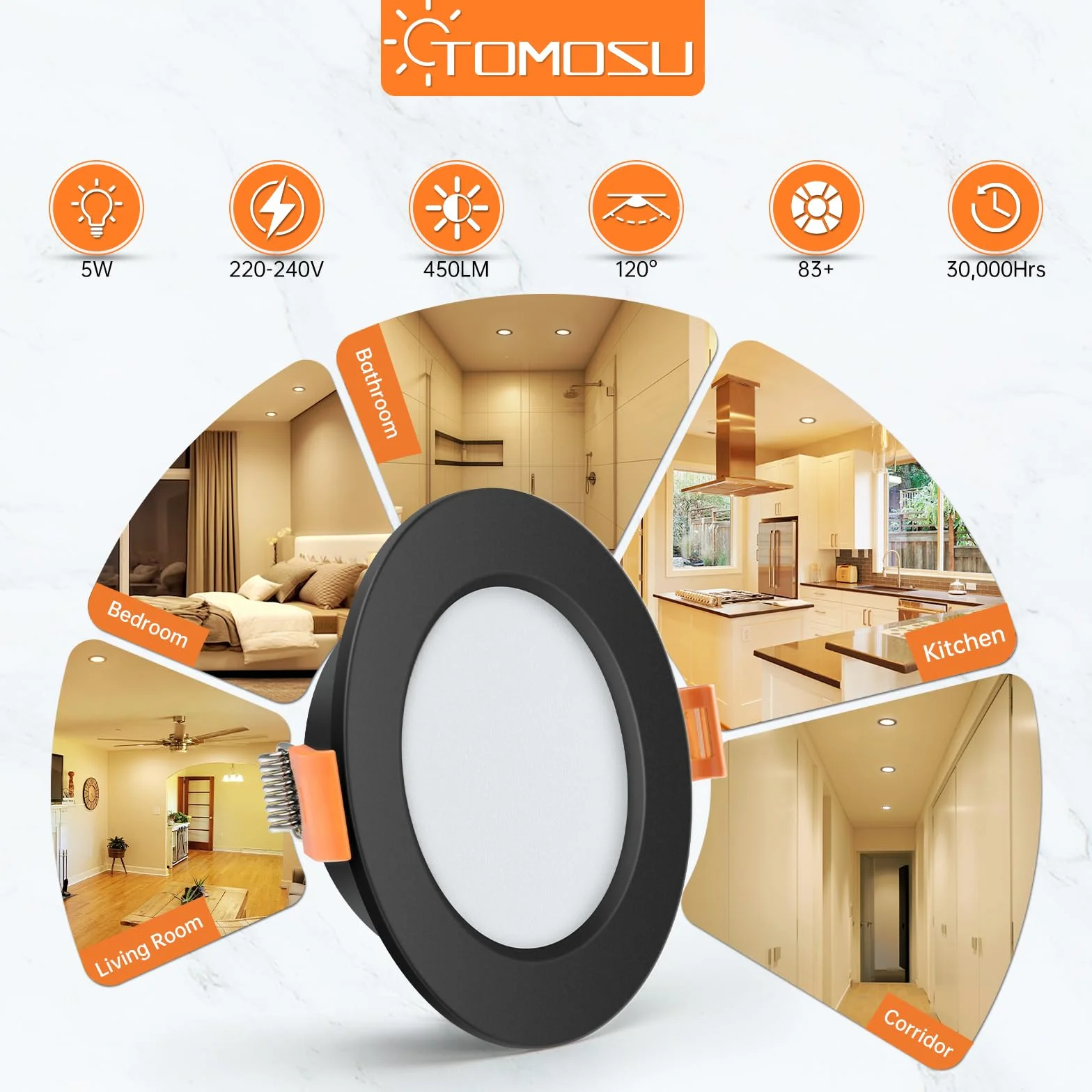 Tomosu 20 sztuk LED reflektorów do zabudowy 230V czarny, 5W 450LM punktowe lampy sufitowe płaskie, ciepła biel 2700K-3000K, IP44 LED punktowe lampy sufitowe do łazienki, kuchni, salonu, okrągłe