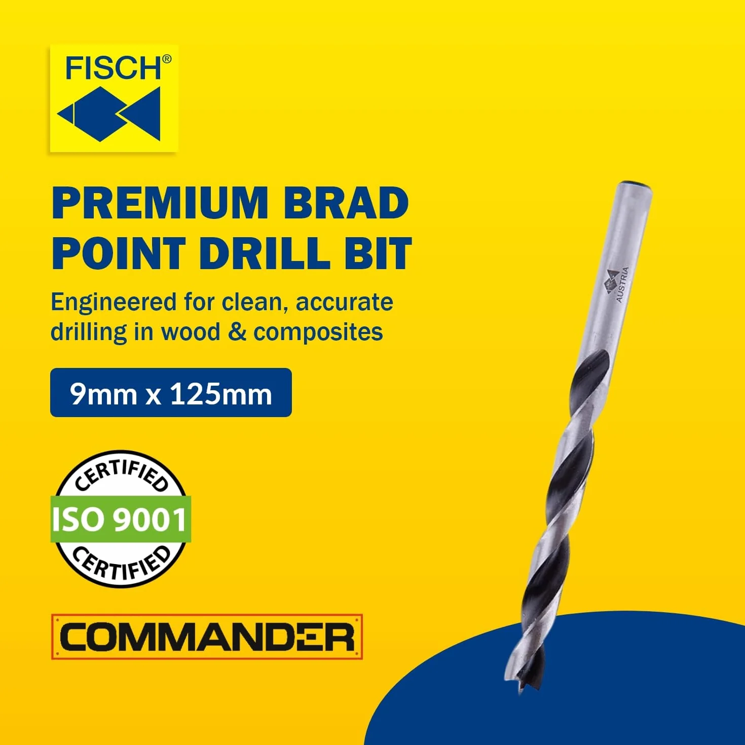 Fisch Wiertła Brad Point (9 mm x 125 mm) - Wiertła premium do miękkiego, twardego, fornirowanego i laminowanego drewna, MDF i szkła akrylowego, fazowana krawędź do szybkiego, łatwego cięcia,