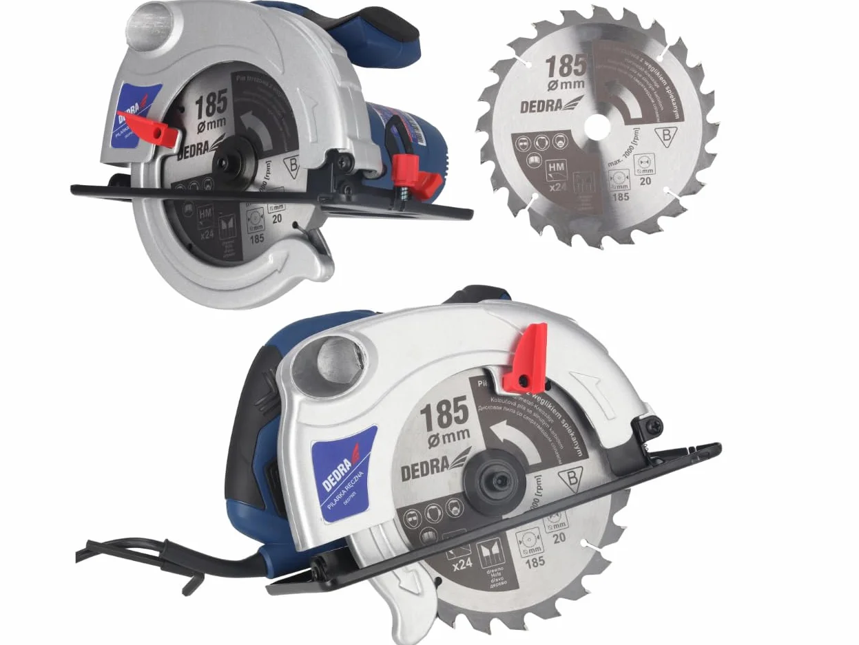 Ręczna piła tarczowa DEDRA mocna 1500 W, brzeszczot do piły tarczowej Ø 185 mm, maks. głębokość cięcia 66 mm, ergonomiczna lekka waga 4,4 kg, softgrip, do drewna i wielu innych