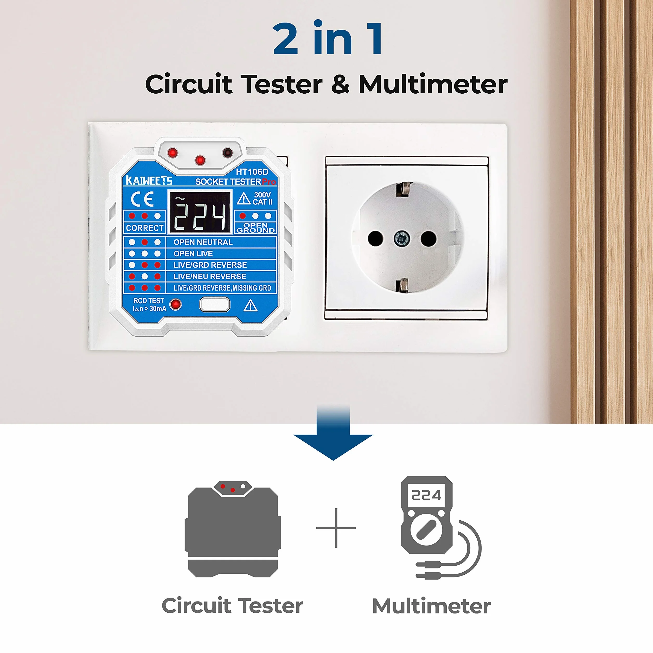 KAIWEETS Tester gniazd z kontrolą RCD i wyświetlaczem napięcia LCD, 48-250 V/45-65 Hz, CAT ll 300 V do pomiaru napięcia, badania obwodu elektrycznego.
